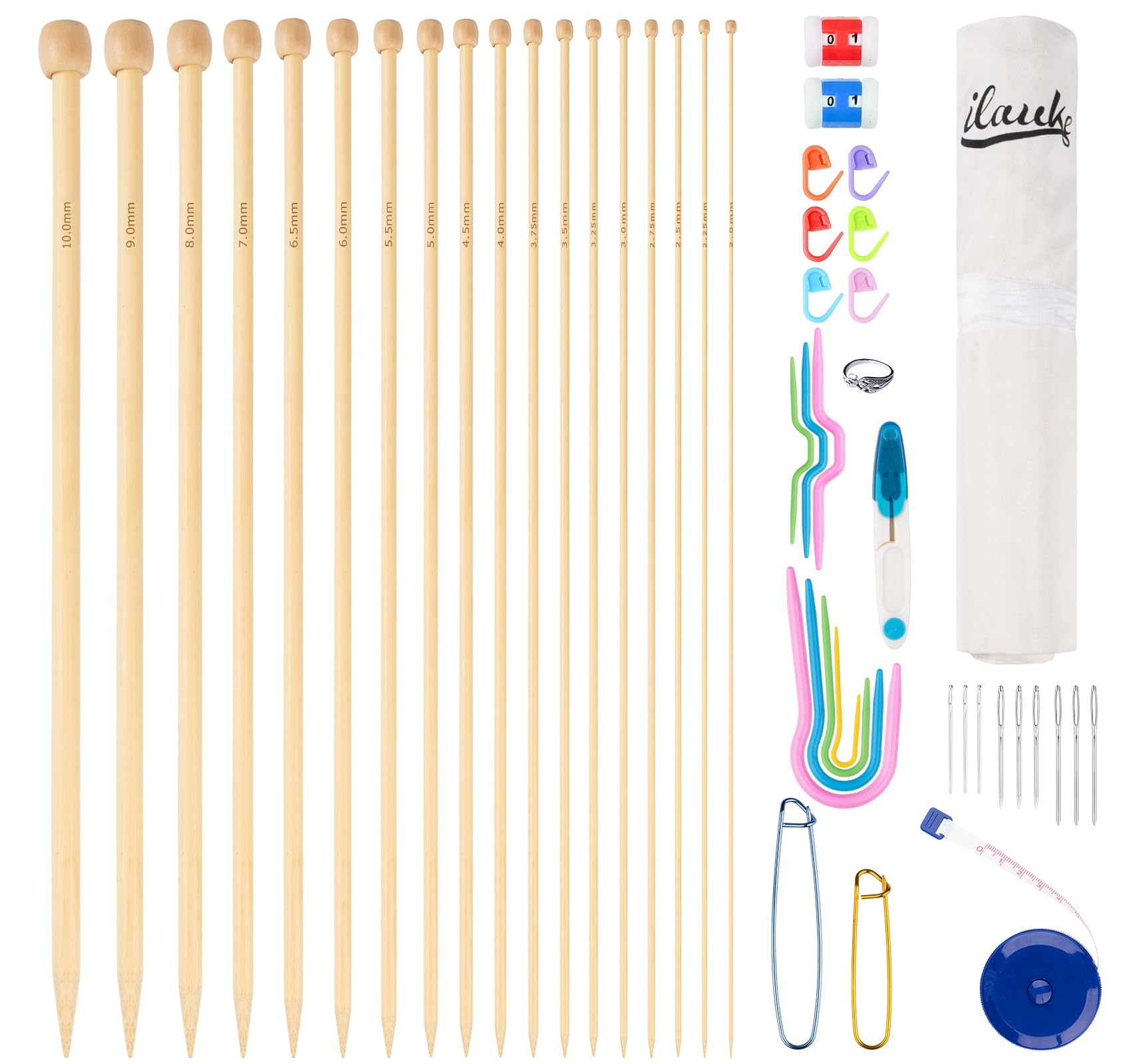 ilauke 70Pcs Bamboo Knitting Needle Set | 18 Pairs Single Pointed Kit
