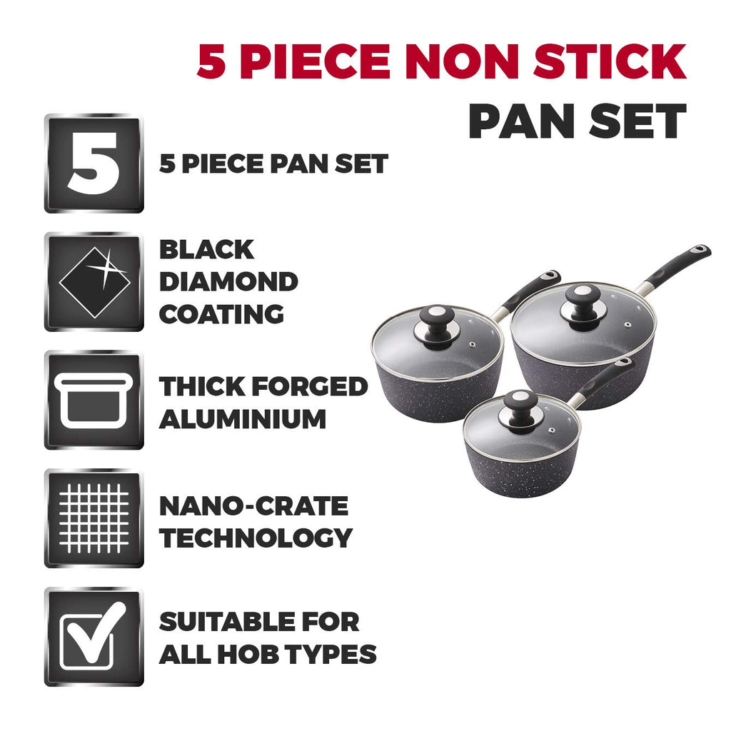 Tower Precision 5 Piece Non-Stick Pan Set | Black Diamond Coating