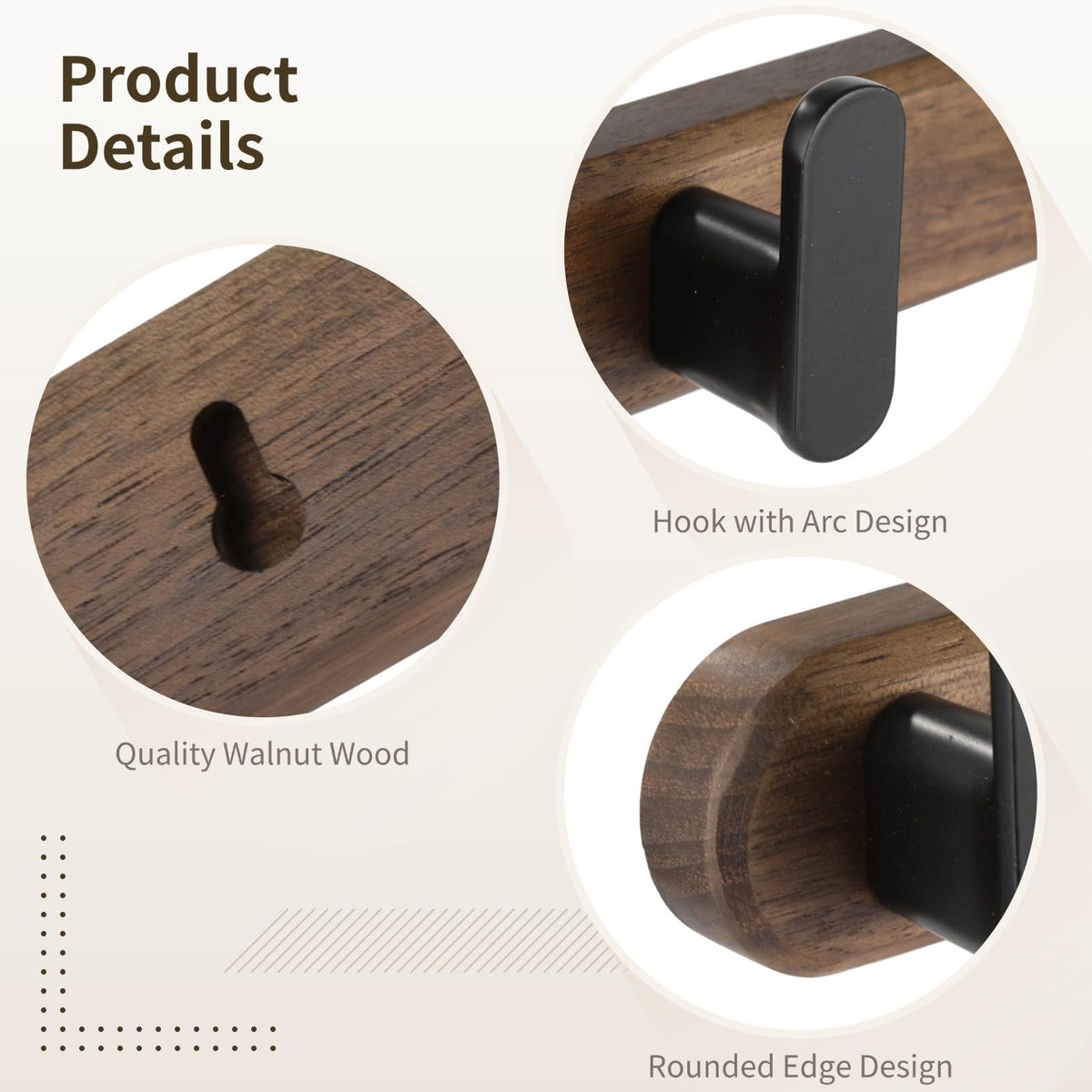 Varku Coat Hooks Wall Mounted, Walnut Wood Coat Hooks, Coat Rack Wall Mounted with 5 Hooks, No-Drill Installation - image 3