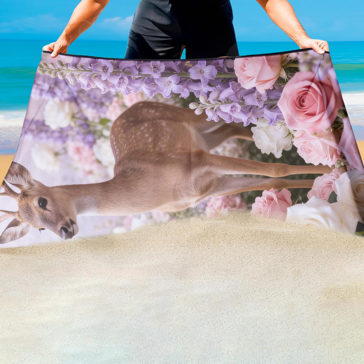 Violetpos Deer in Roses & Larkspur Beach Towel, Extra Large 180x90 cm 250GSM Microfibre, Sand Free Quick Dry - image 4
