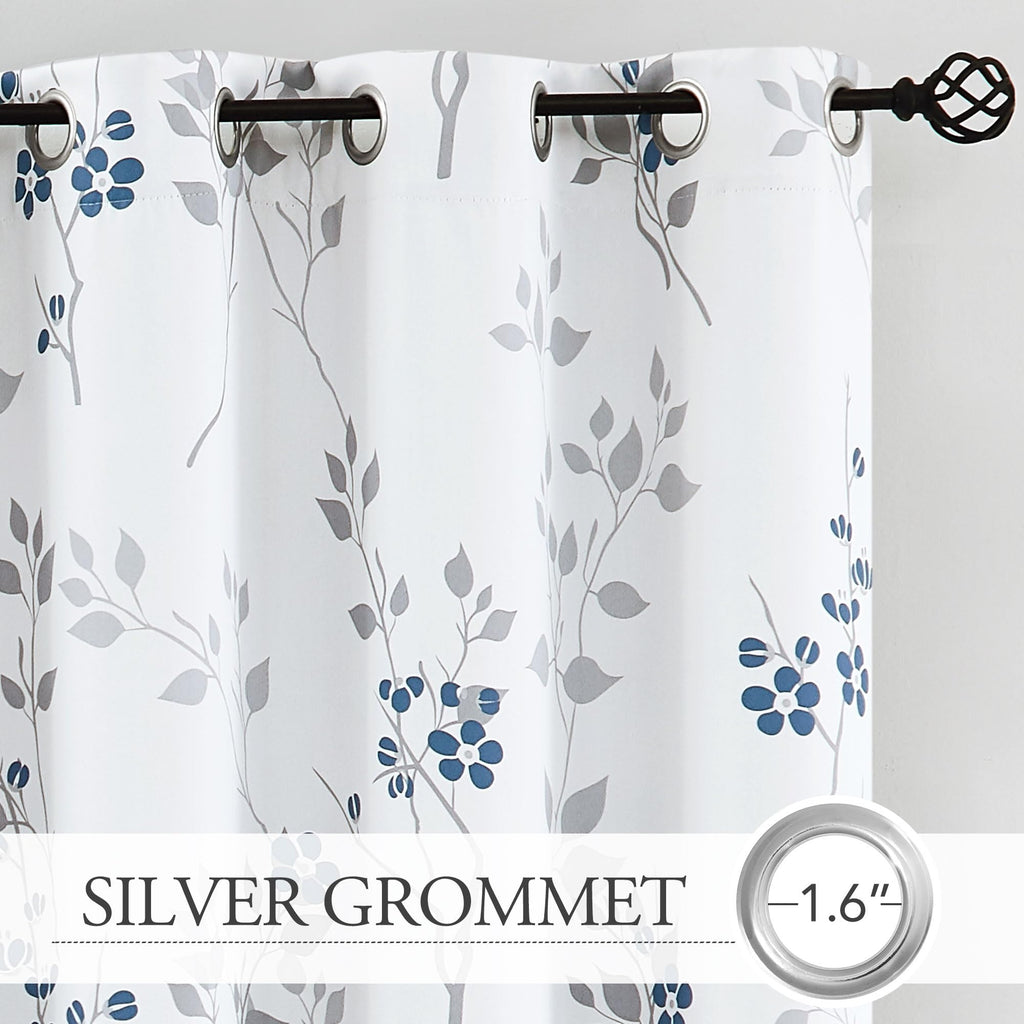 Jolof Store Blue Grey Floral Blackout Curtains - 72 Inch Thermal Drapes
