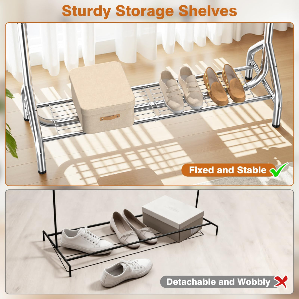EAGMAK Double Clothes Rail Heavy Duty Load 280 KG, with Shelves, Silver - image 4