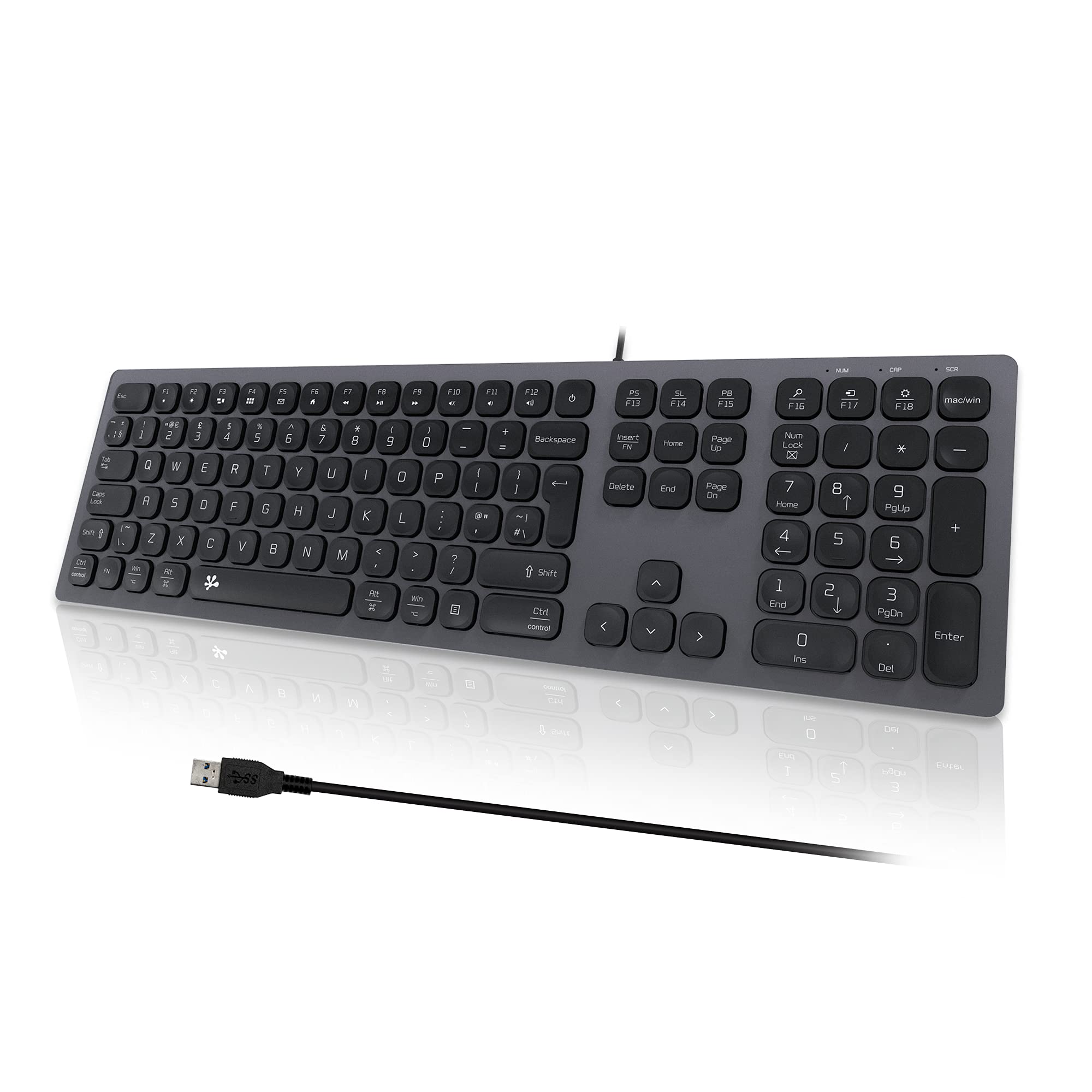 B.FRIENDIT Slim Wired Keyboard – UK Layout with Numeric Keypad, Space Gray