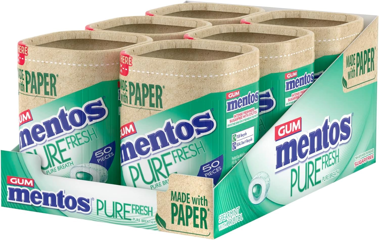 Mentos Pure Fresh Spearmint Sugarfree Chewing Gum – 6 x 50 Piece Bottles