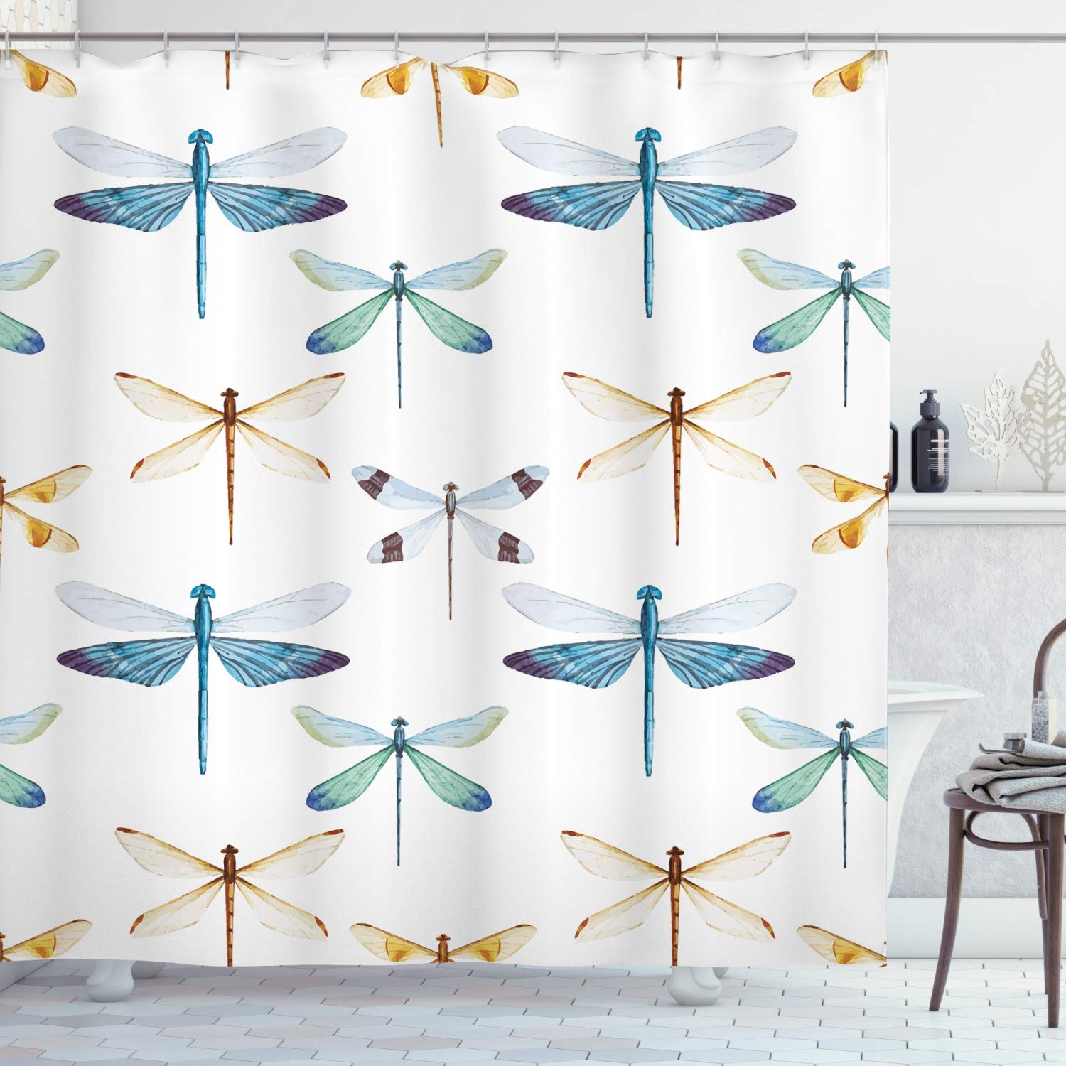 ABAKUHAUS Dragonfly Fabric Shower Curtain – Waterproof Bathroom Decor