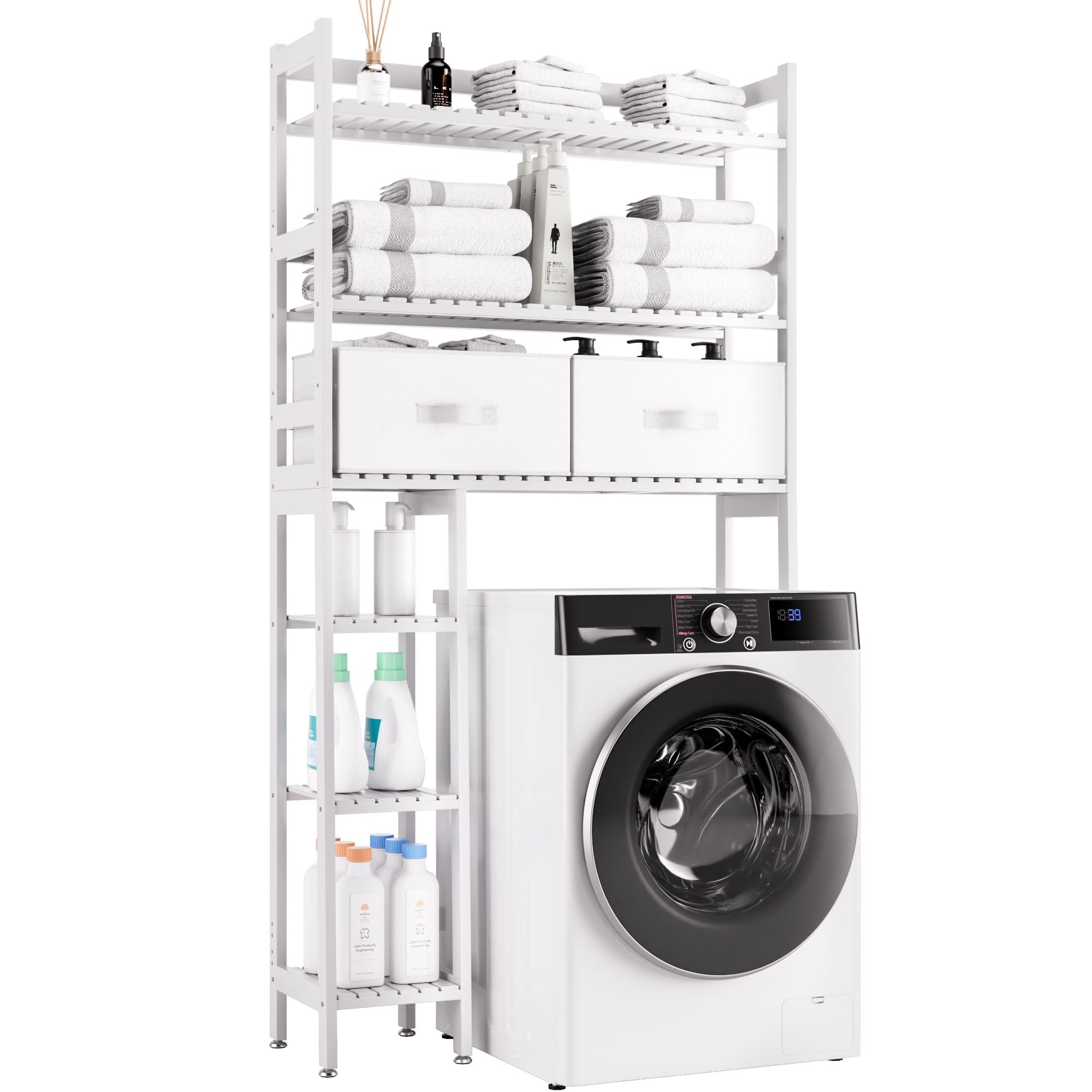 SMIBUY 6-Tier Bamboo Over The Toilet Storage Rack with Drawers - White