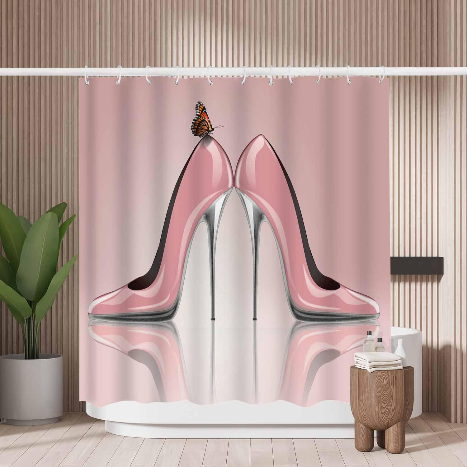 Jolof Store Pink High Heels Shower Curtain – Mold Resistant Polyester