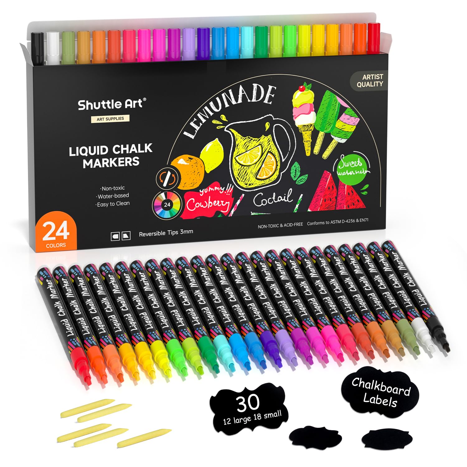 Shuttle Art Liquid Chalk Markers - 24 Colors, 3mm Reversible Fine Tip