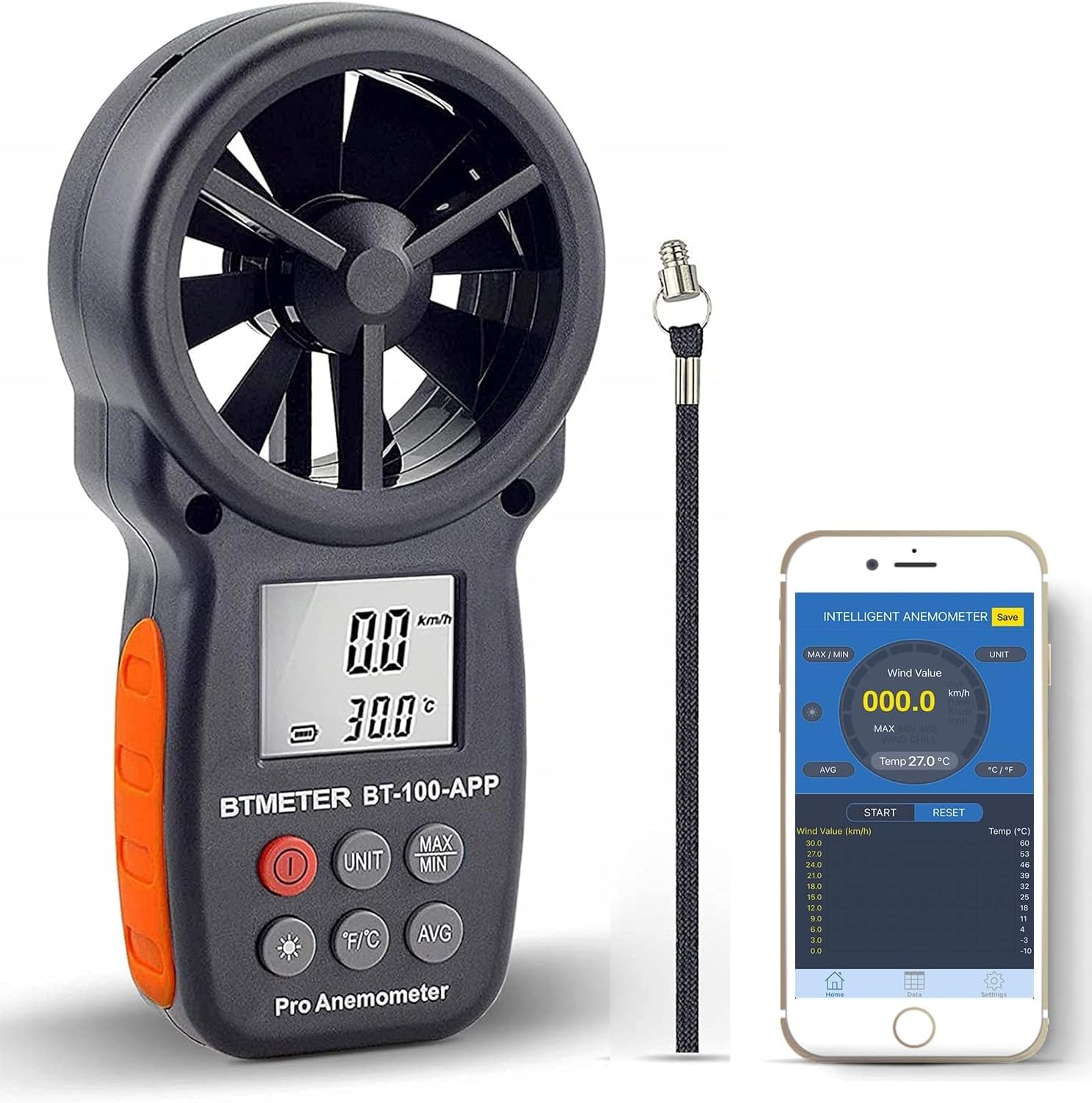 BTMETER BT-100APP Bluetooth Digital Anemometer - Handheld Wind Speed Meter