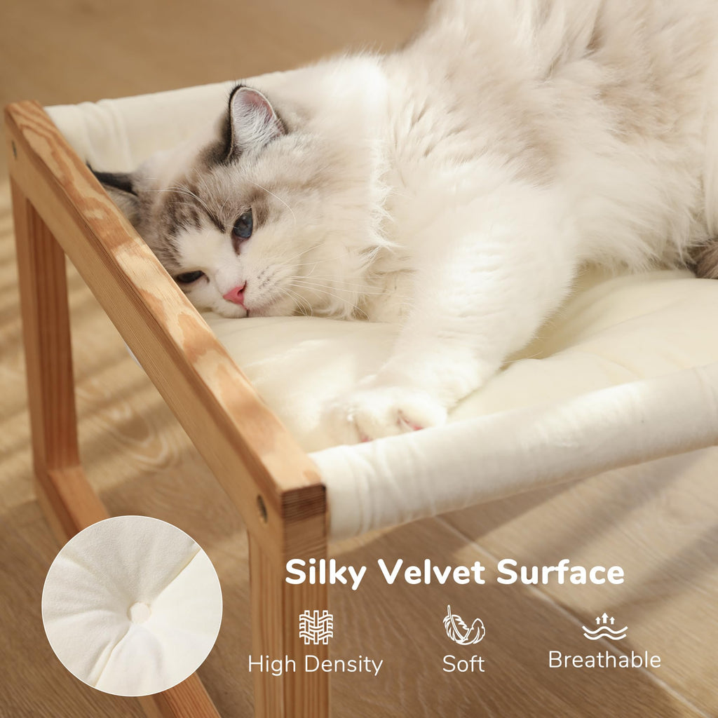 FUKUMARU Elevated Wooden Cat Hammock | Plush Velvet Indoor Pet Bed