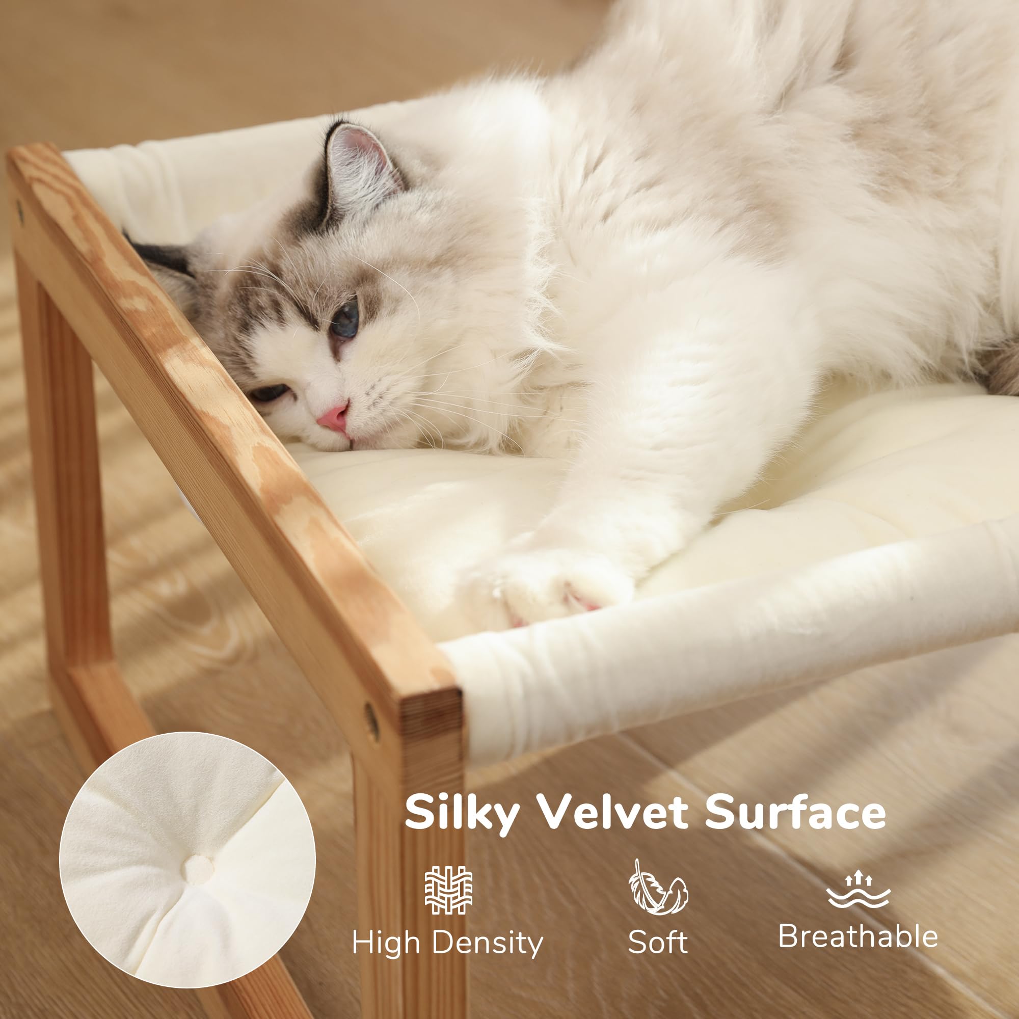 FUKUMARU Elevated Wooden Cat Hammock | Plush Velvet Indoor Pet Bed