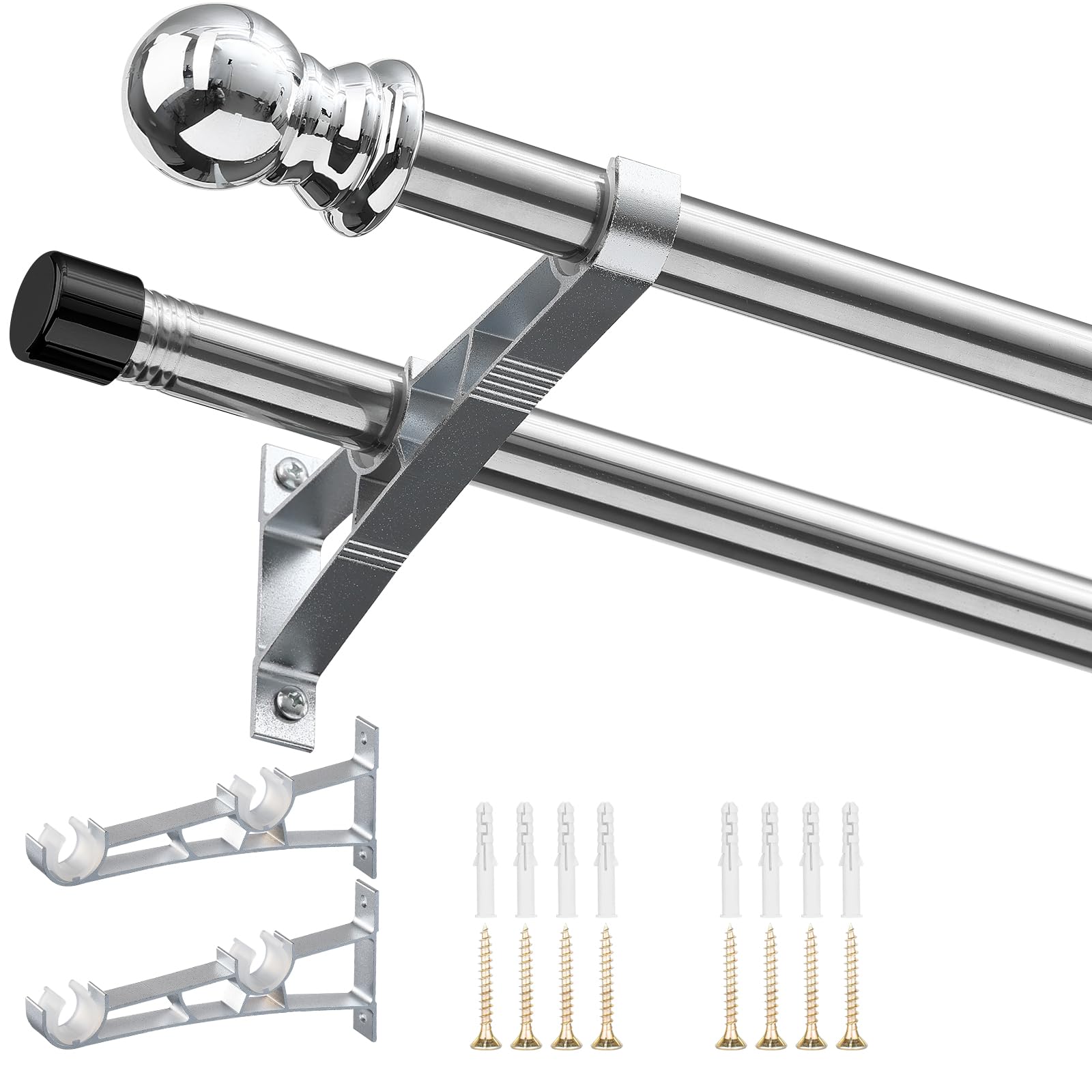 INFLATION Double Curtain Rods | 76-368cm Heavy Duty Silver Stainless Steel