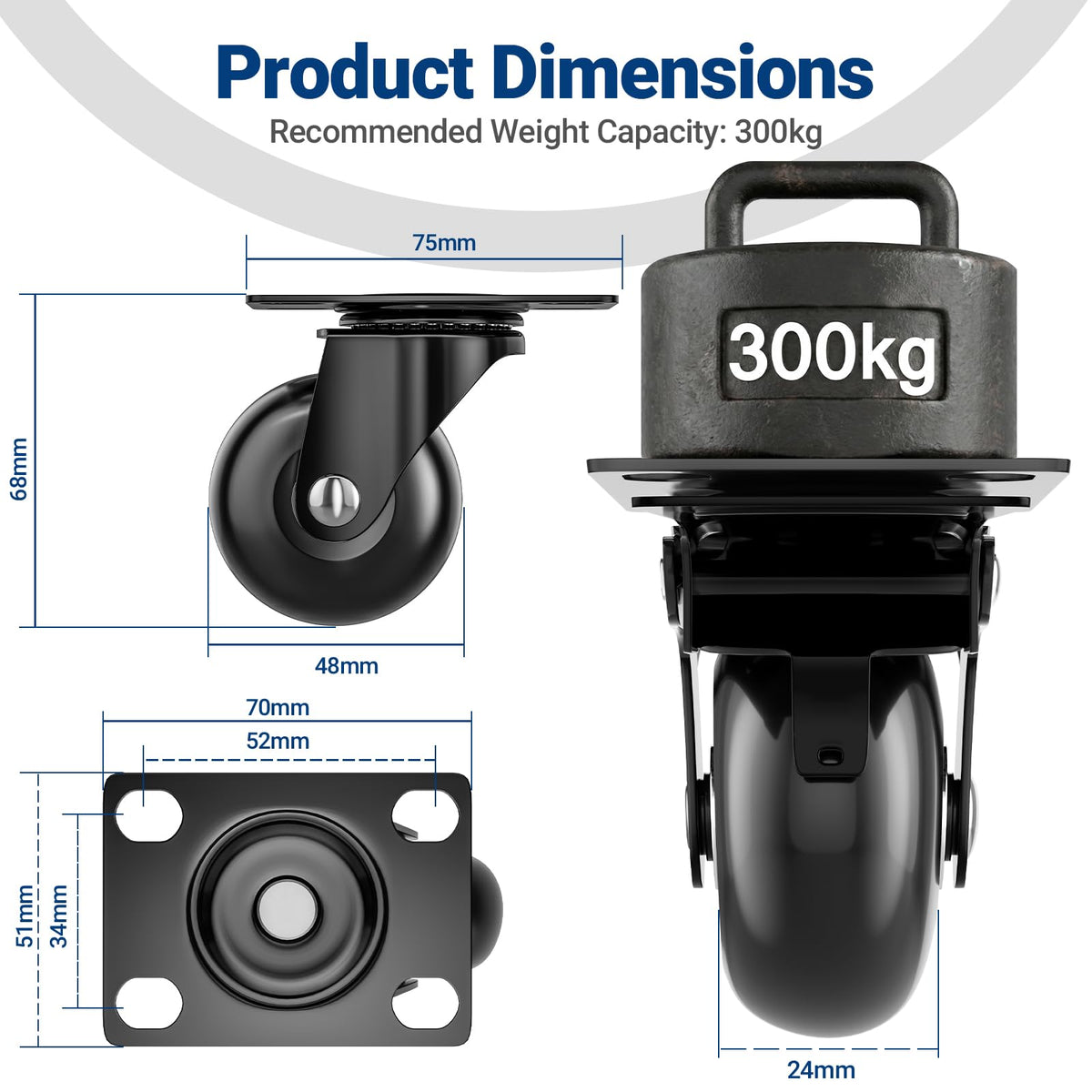 COSYLAND Heavy Duty Castors 50 mm Max Load 320 kg Extra Quiet and Durable Heavy Duty Swivel Casters for Heavy Duty and Industrial Loads with Plate - image 3