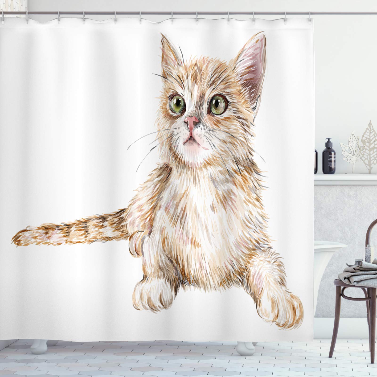 ABAKUHAUS Cat Shower Curtain | Ginger Kitten Fabric Bathroom Decor Set