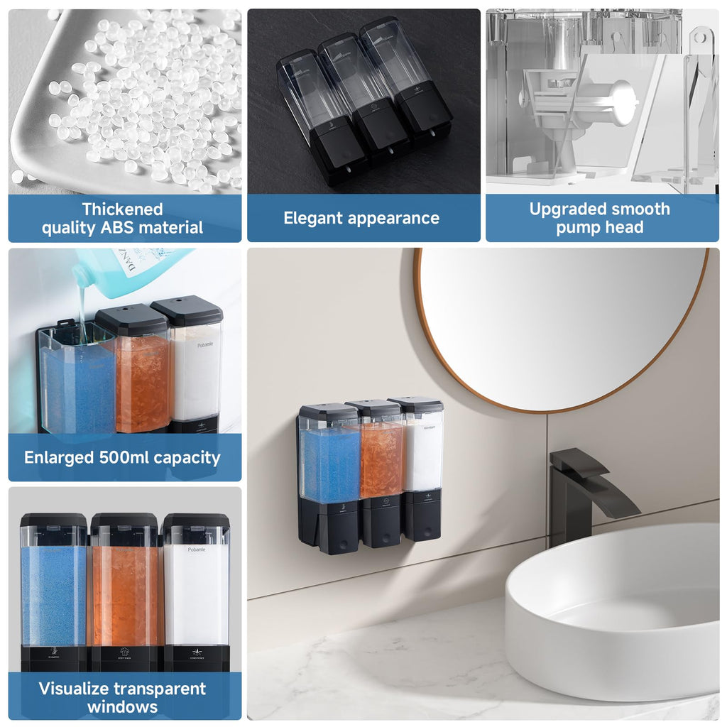 Jolof Store Wall Mounted Shower Soap Dispenser | 3-Chamber No-Drill ABS