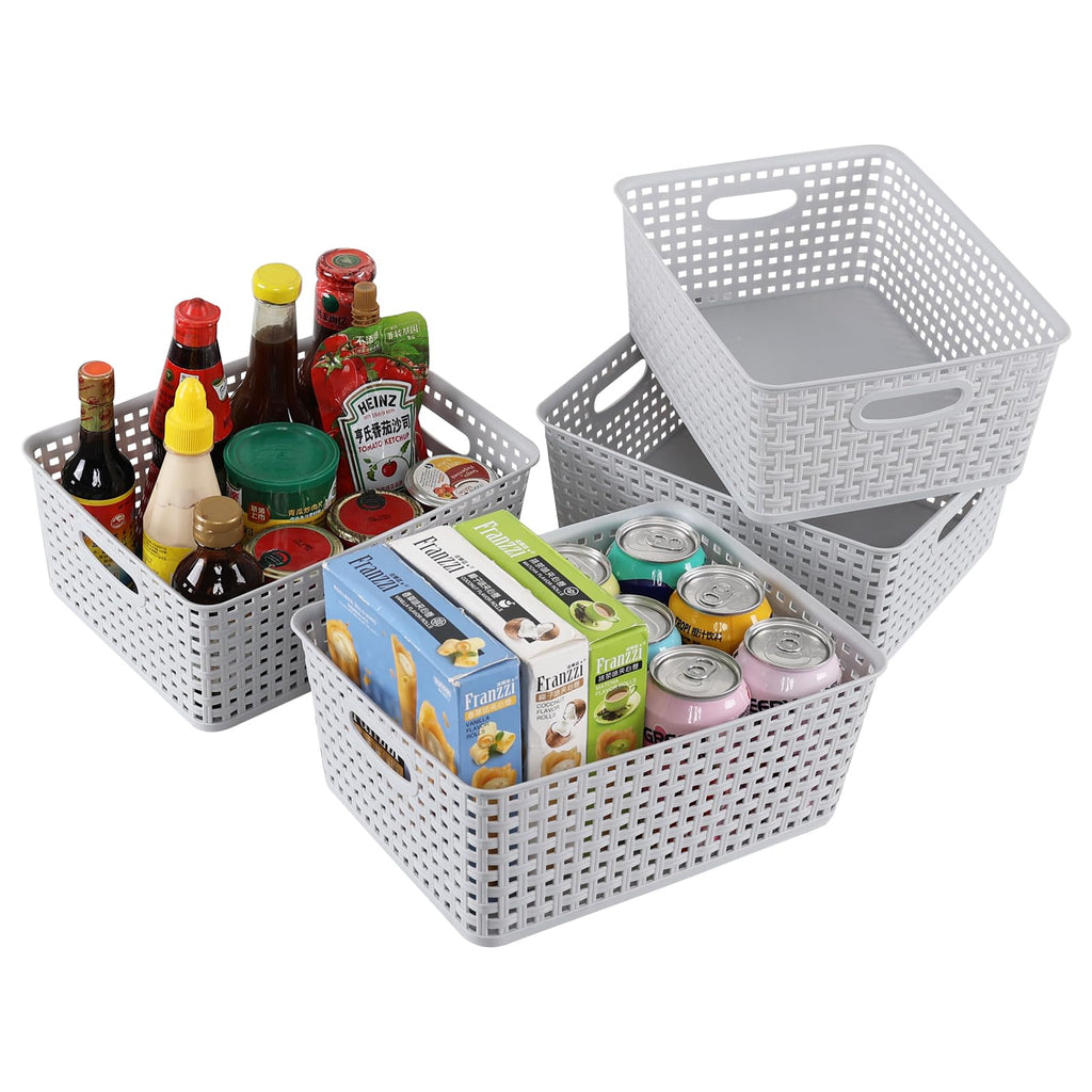 Yuright 4 Pack Plastic Woven Storage Baskets for Desktop Shelf, Light Gray - image 4