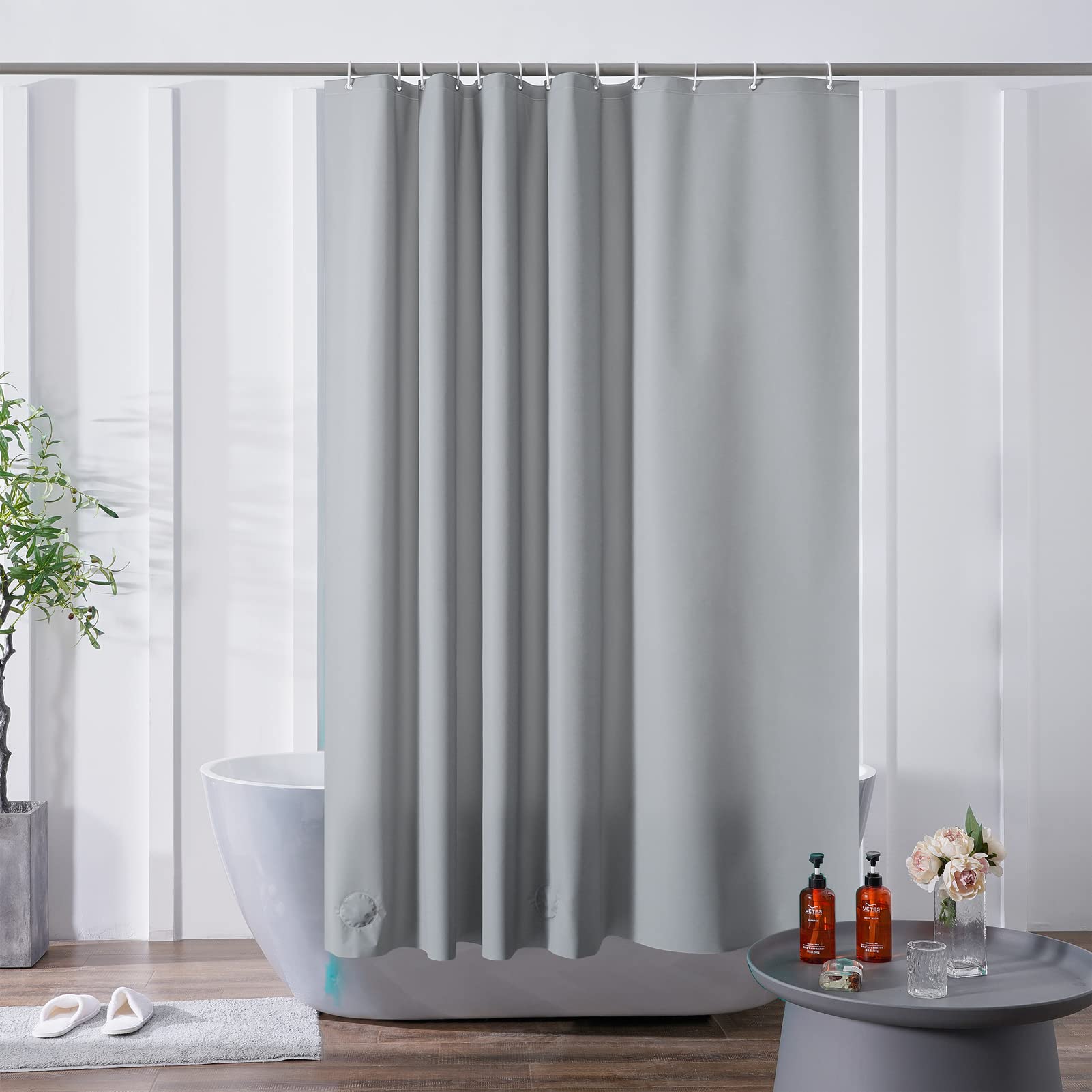 Furlinic Grey Shower Curtain Liner | Waterproof EVA Weighted – 180x180cm