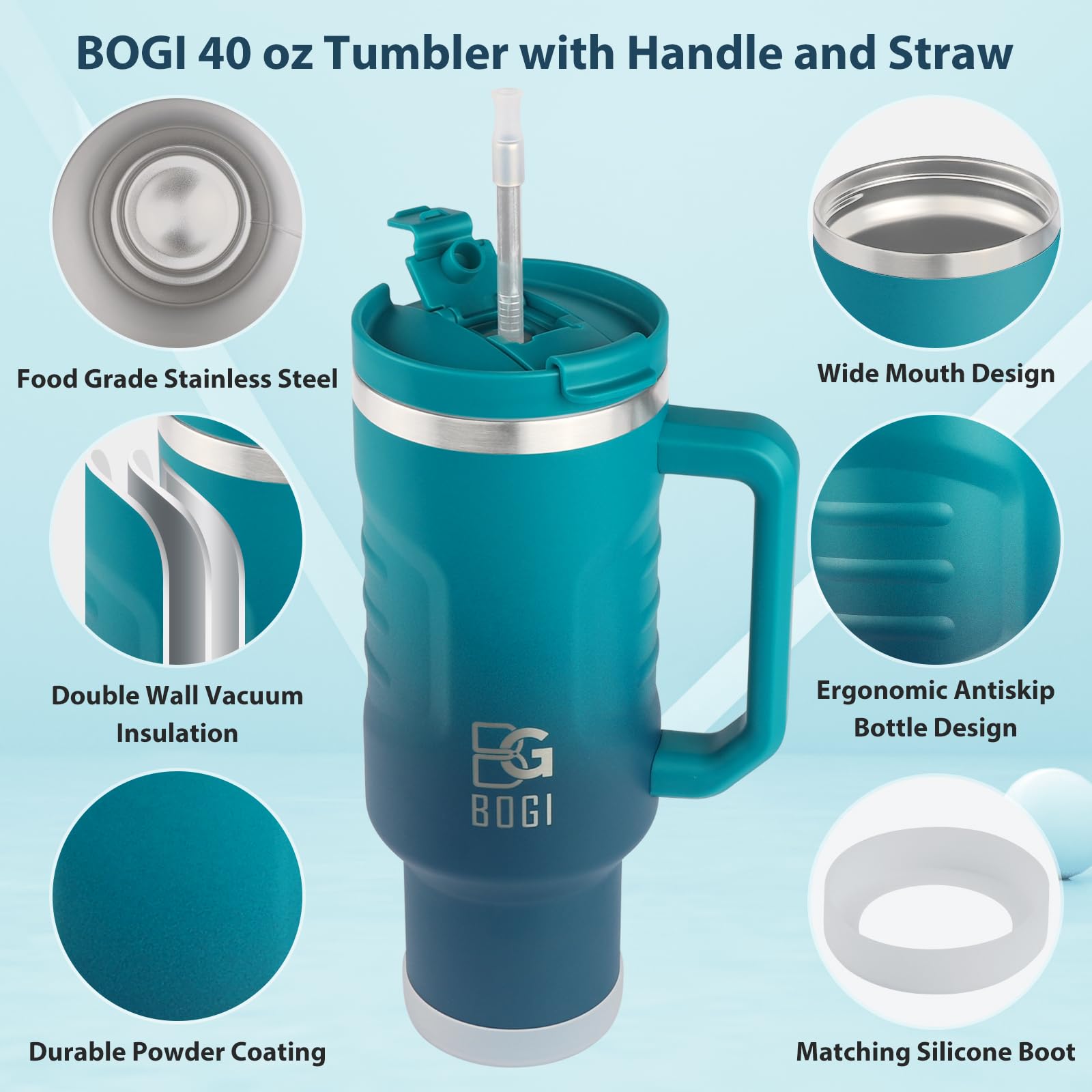 BOGI 40oz Insulated Tumbler with Handle | Leakproof Stainless Steel Mug
