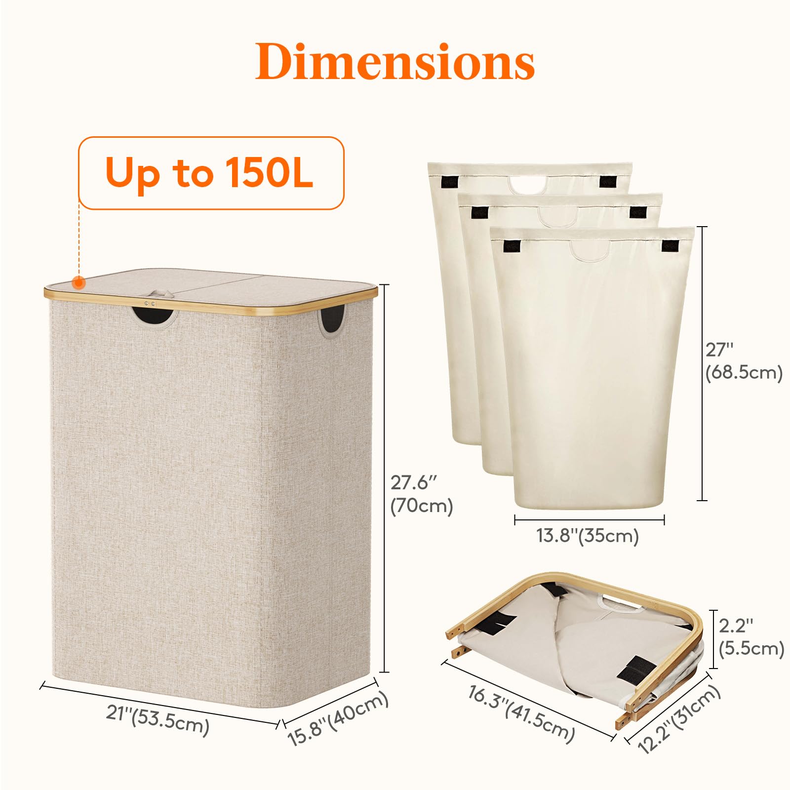 Lifewit 150L Laundry Basket with Lid | 3-Section Hamper with Bamboo Handles