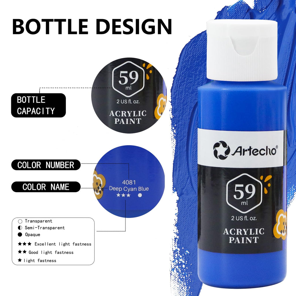 Artecho Acrylic Paint Set - 48 Colors, 2oz Bottles with 10 Brushes
