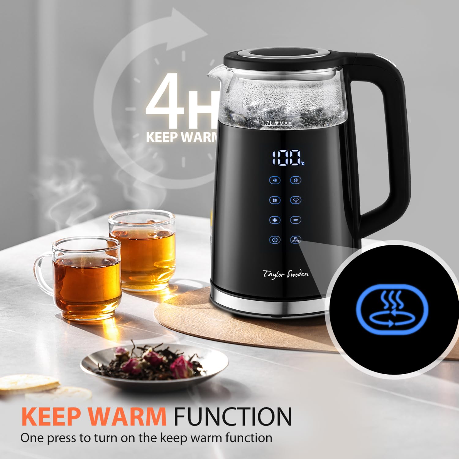 Taylor Swoden Electric Kettle - 1.7L Glass Kettle with Temperature Control