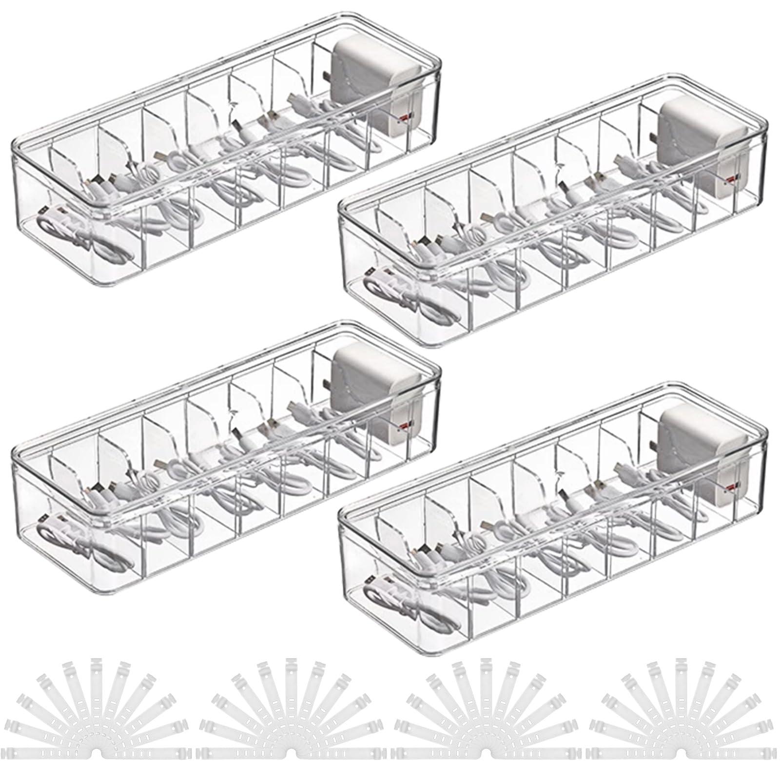 AHAQU 4PCS Acrylic Cable Organizer Box - 8 Grids with 40 Ties