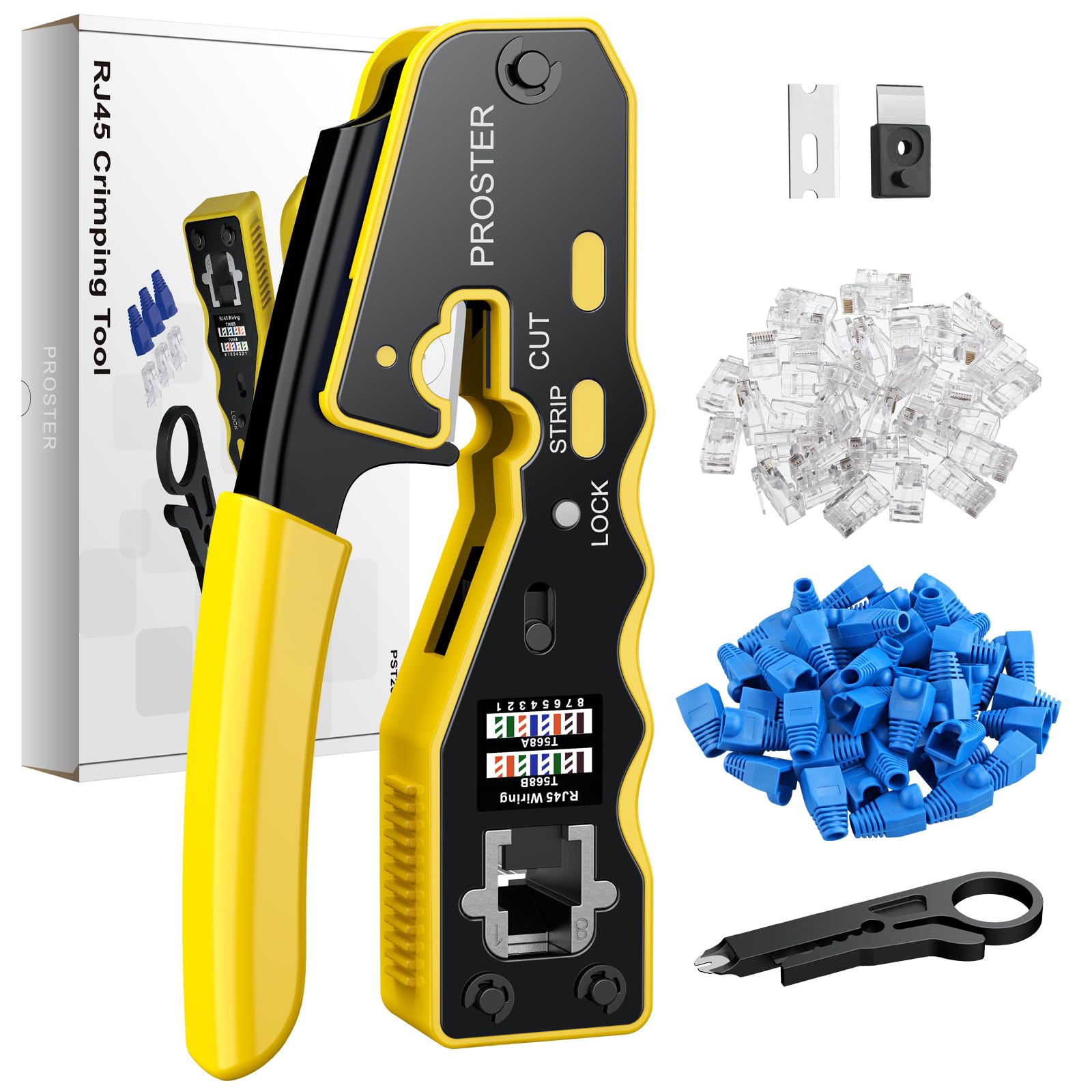 Proster RJ45 Pass Through Crimp Tool Kit for Cat6 Cat5e with 50 Connectors
