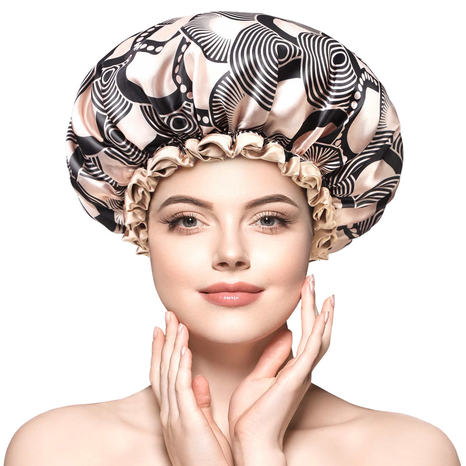 mikimini Waterproof Shower Cap for Women – Reusable Champagne 2-Pack
