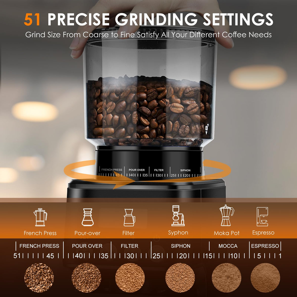 Homtone Conical Burr Coffee Grinder - 51 Grind Settings, Anti-Static