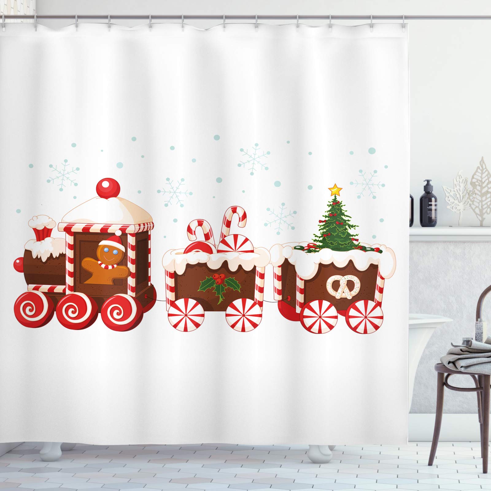 ABAKUHAUS Christmas Shower Curtain | Train & Gingerbread Fabric Decor Set
