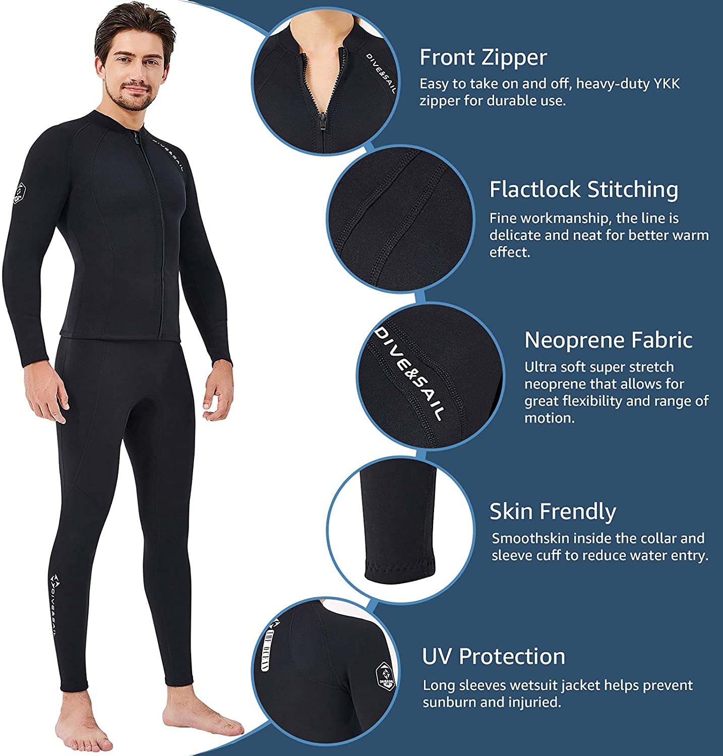 EUPTE 2mm Neoprene Wetsuit Jacket | Men's Long Sleeve UV Protection Top