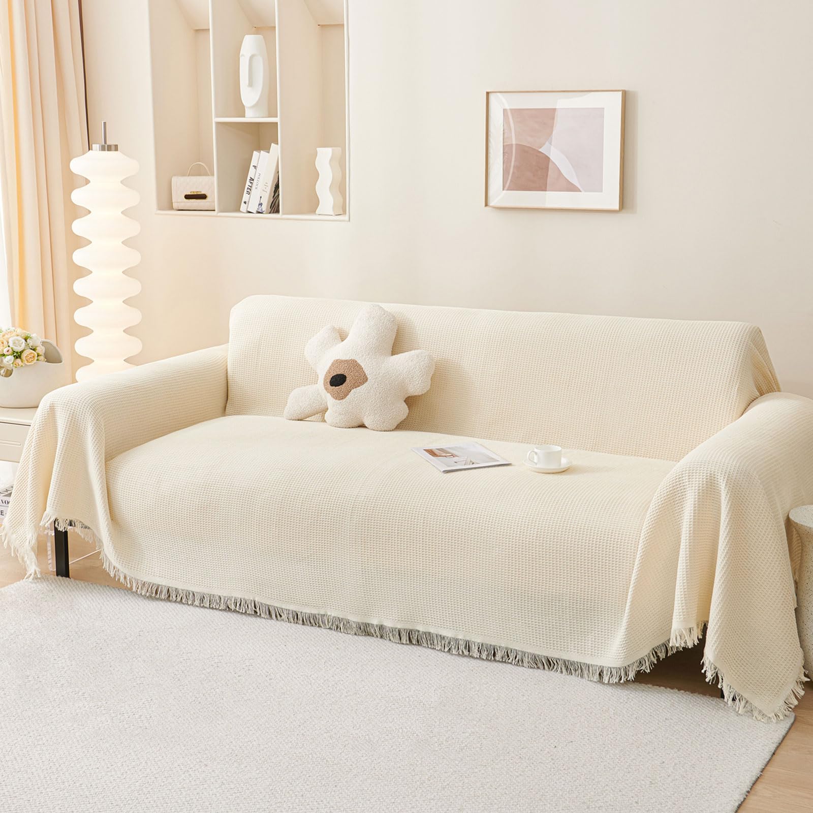 LHGOGO Waffle Pattern Sofa Throw – Large 3 Seater Cotton Blend Cream