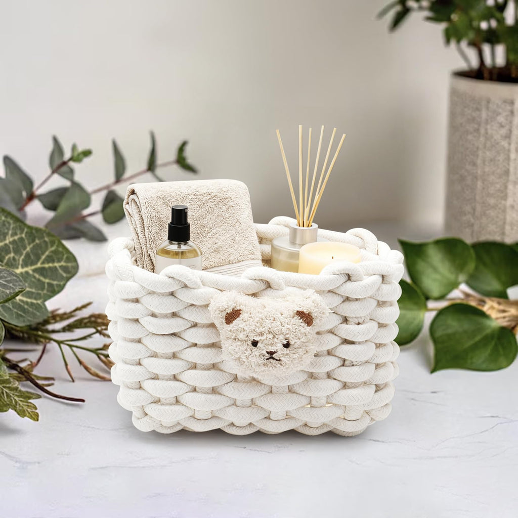 Woven Cotton Wicker Storage Basket with Bear Motif, White - Bathroom Organizer for Desk, Makeup Table, Cabinets, Bath, Kitchen White