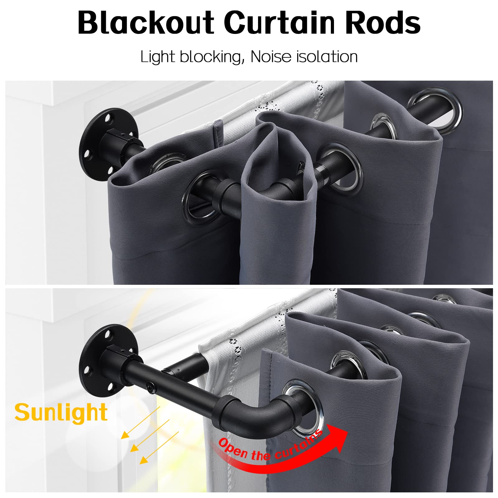 Harrms Industrial Double Curtain Pole | Matte Black Metal Rod | 74-309cm