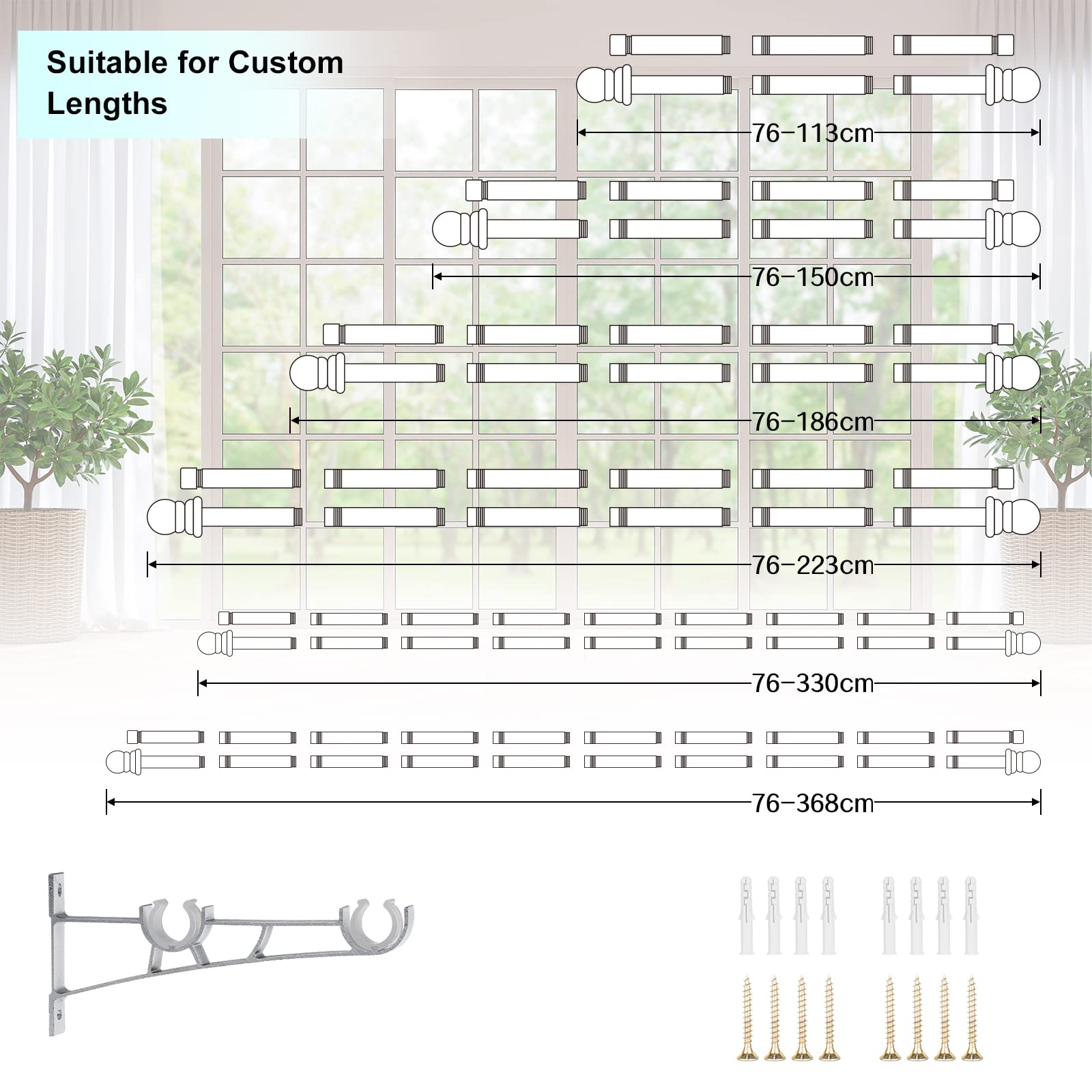 INFLATION Double Curtain Rods | 76-368cm Heavy Duty Silver Stainless Steel