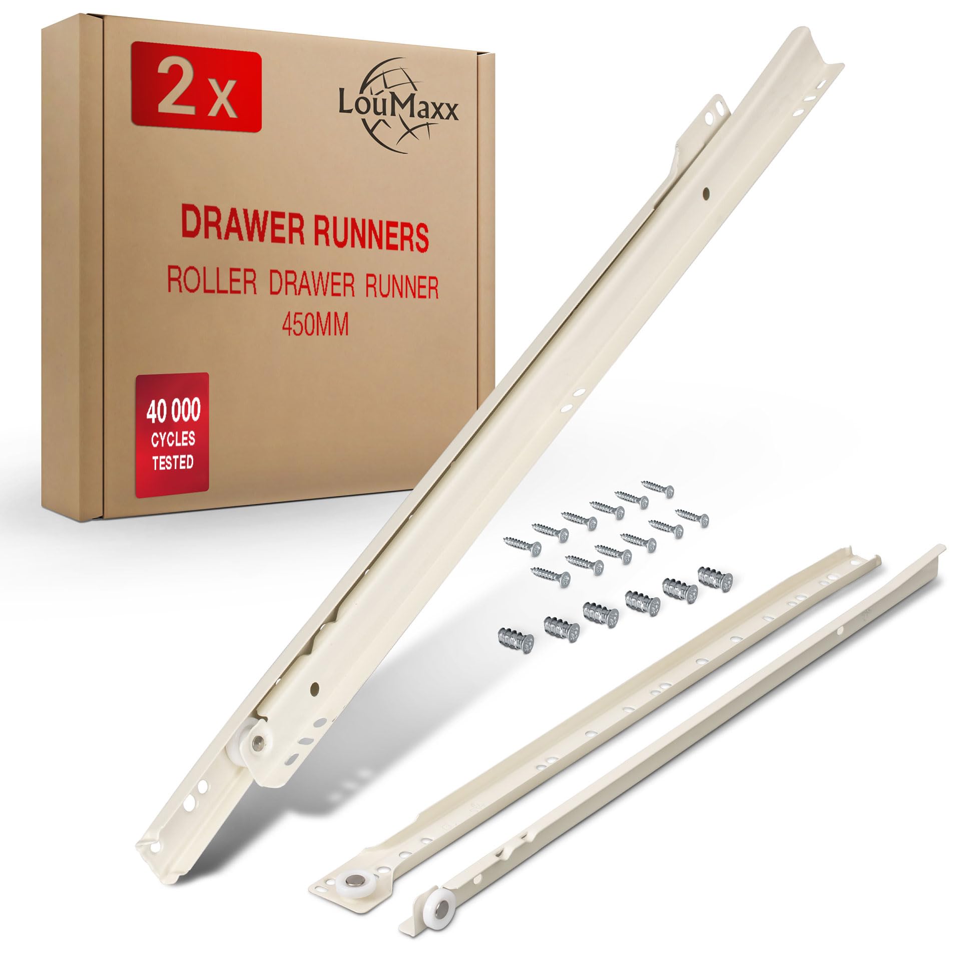LouMaxx 450mm Drawer Runners - White Partial Extension Slides (1 Pair)