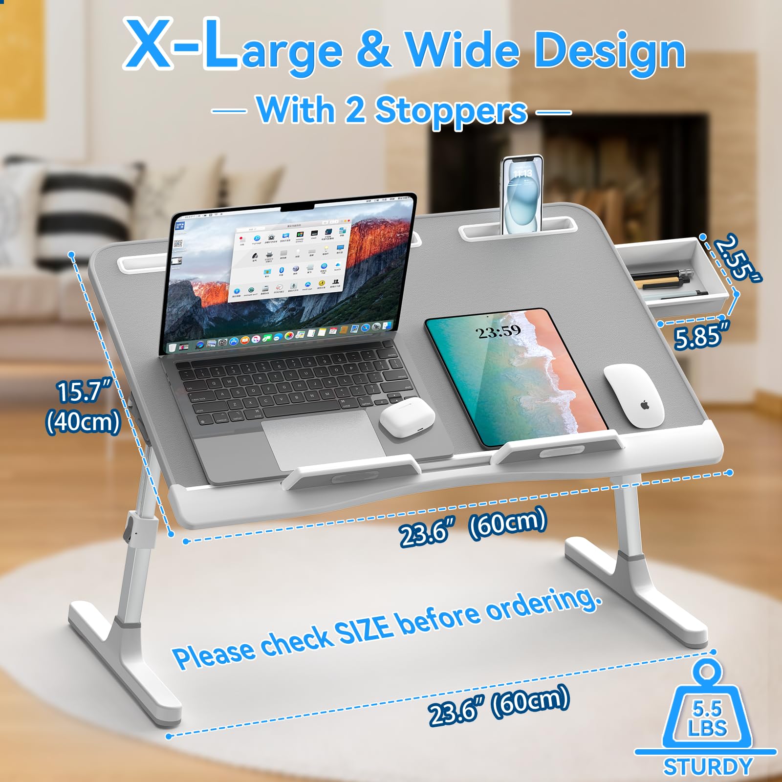 Potuopy Laptop Bed Desk – Adjustable Leather Foldable Stand, Grey