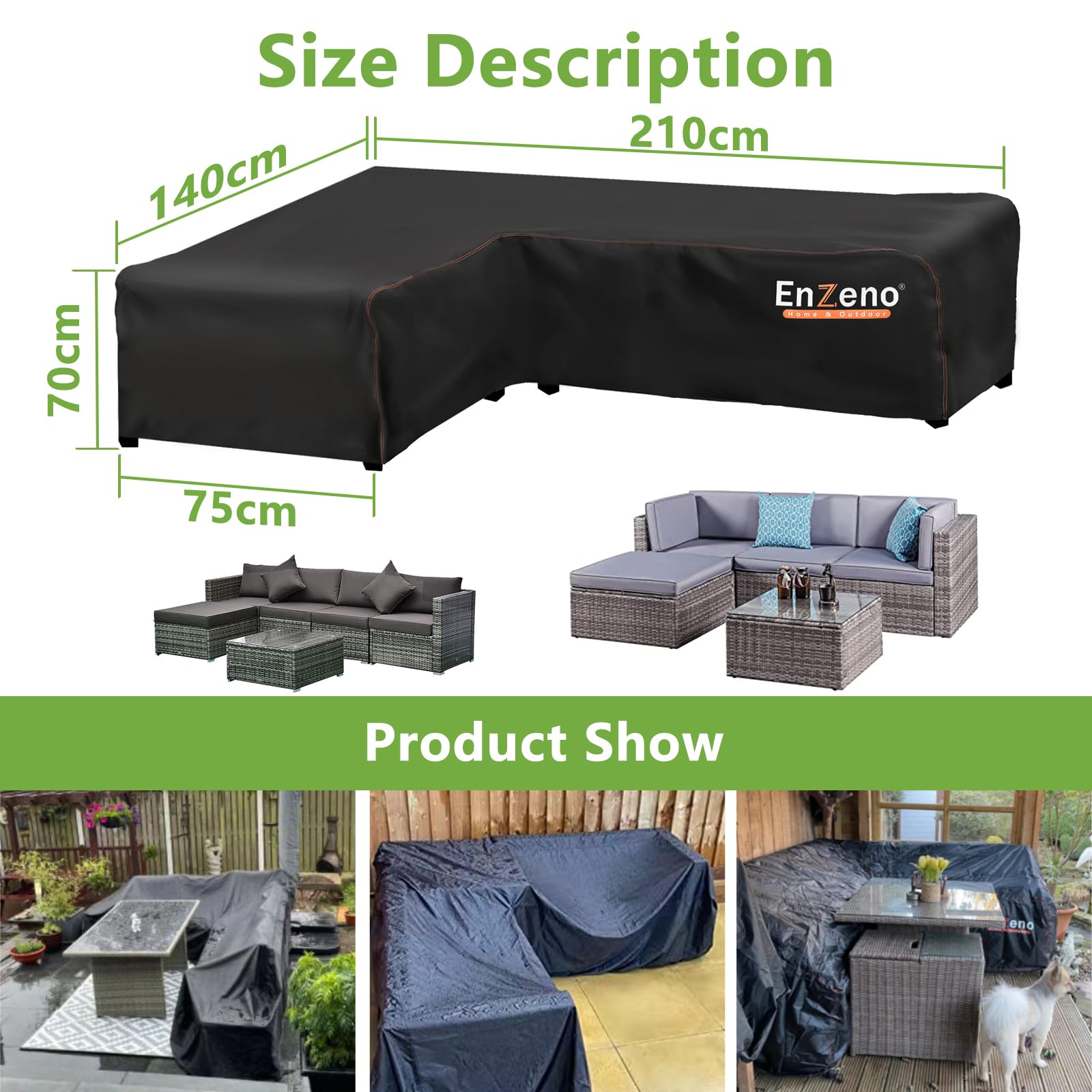 Enzeno L-Shaped Garden Sofa Cover | Waterproof 420D Oxford Fabric (210cm)