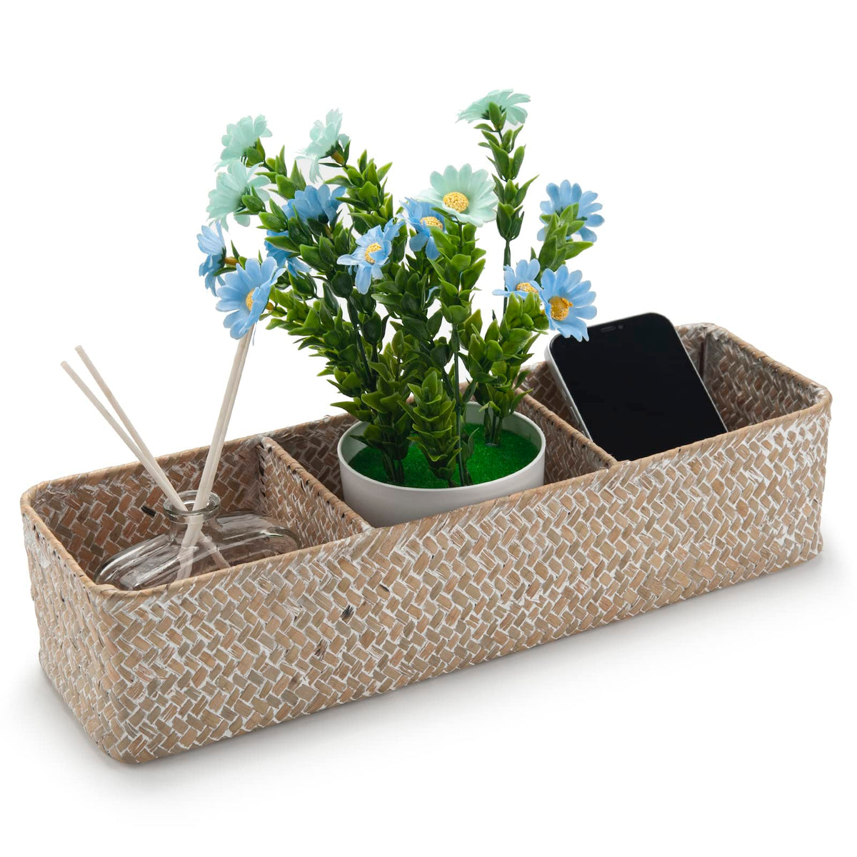 Seagrass Storage Basket with 3 Sections Woven Shelf Baskets for Organizing Whitewash, 37cm x 12cm x 8cm