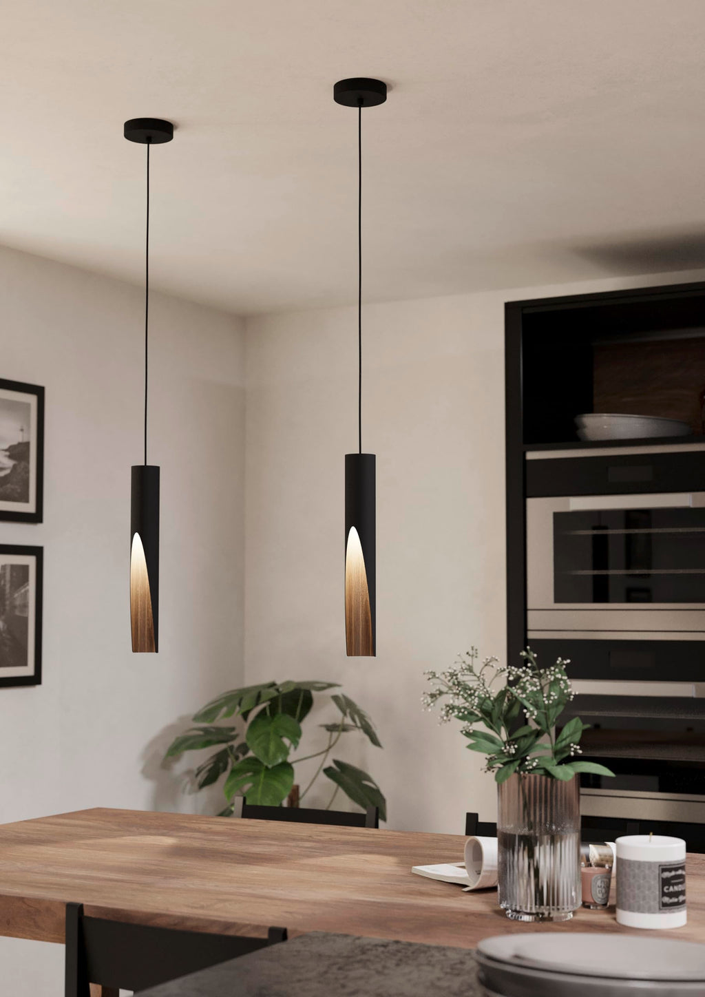 Eglo Barbotto LED Pendant Light – Black Steel & Oak Wood Hanging Lamp