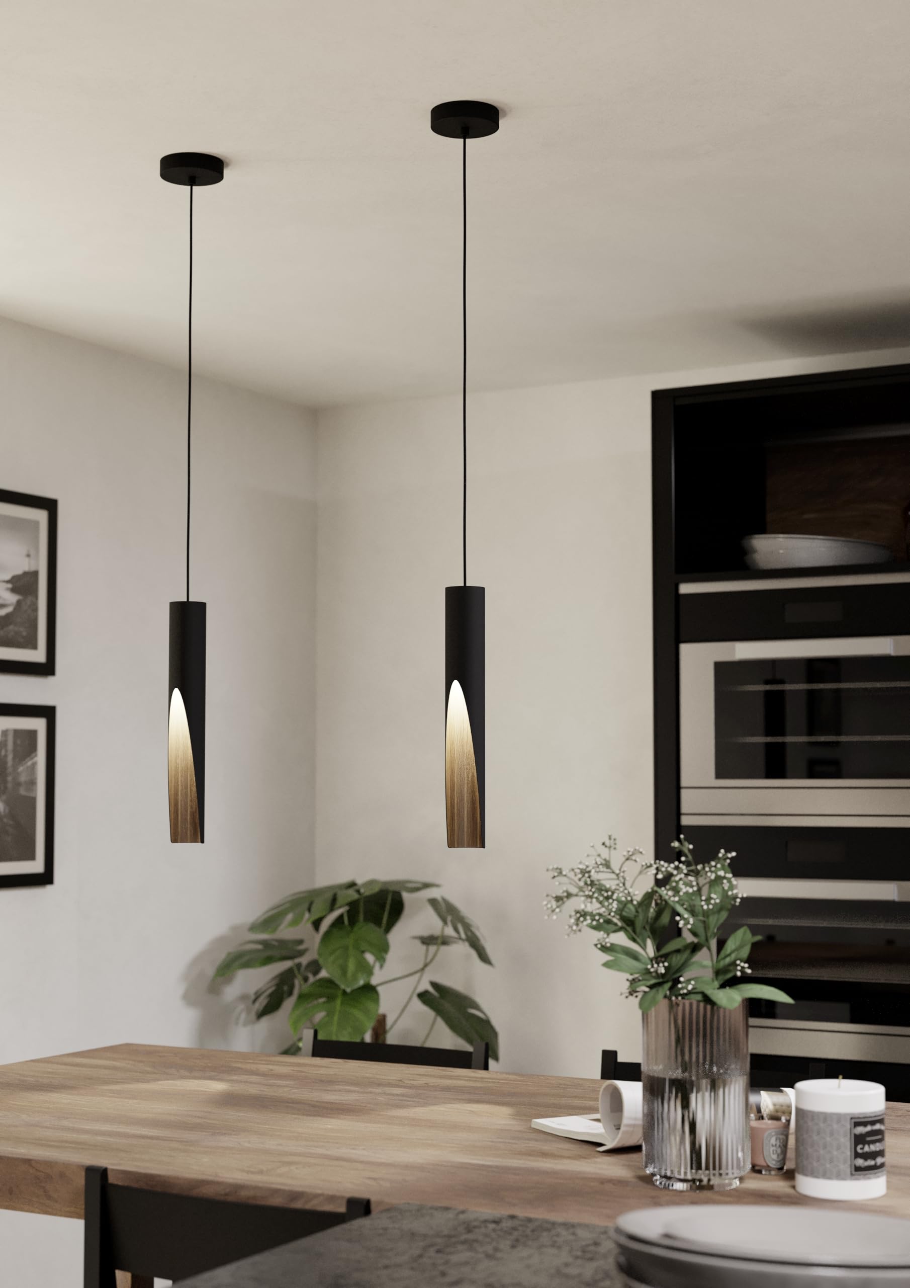 Eglo Barbotto LED Pendant Light – Black Steel & Oak Wood Hanging Lamp