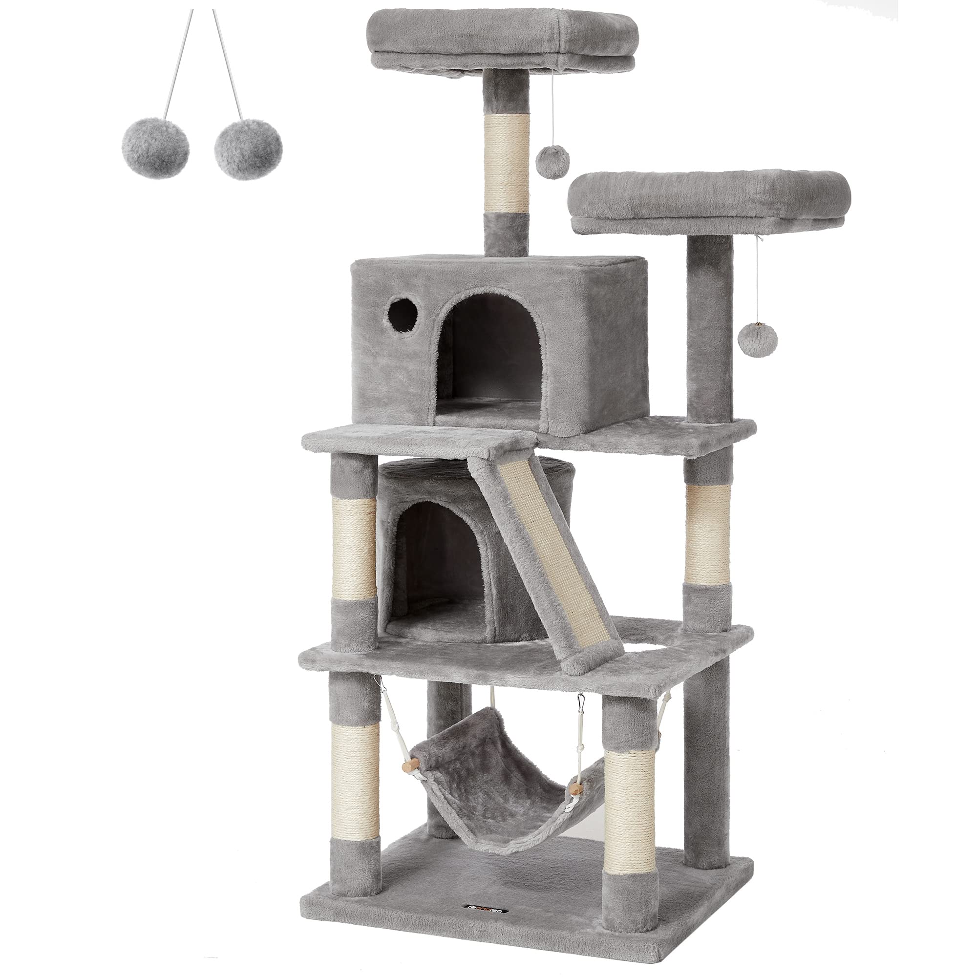 FEANDREA 155cm Cat Tree Tower with 2 Caves & Scratching Board - Light Grey