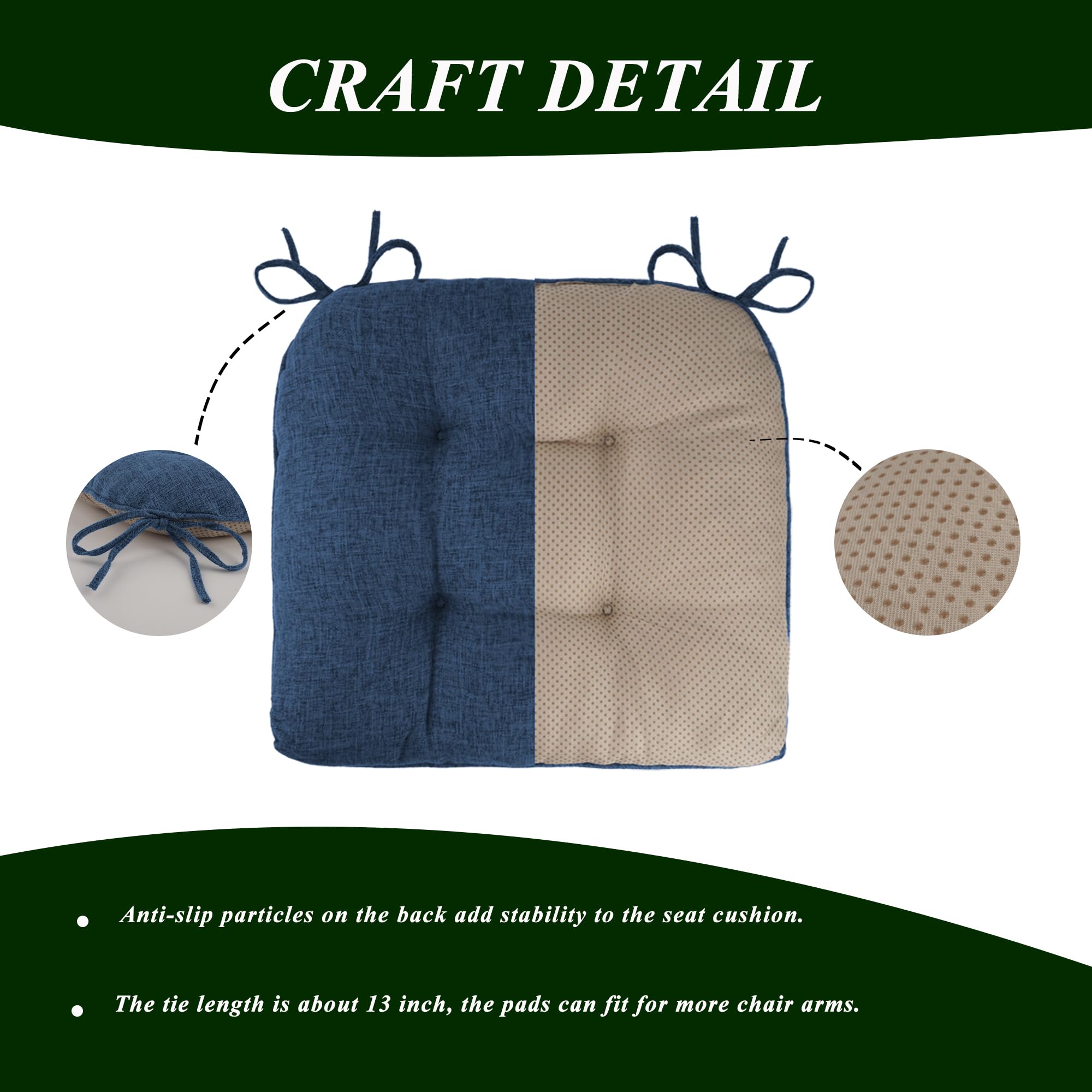 FlyGulls Non-Slip Dining Chair Cushions - Set of 4 Tufted Faux Linen Pads