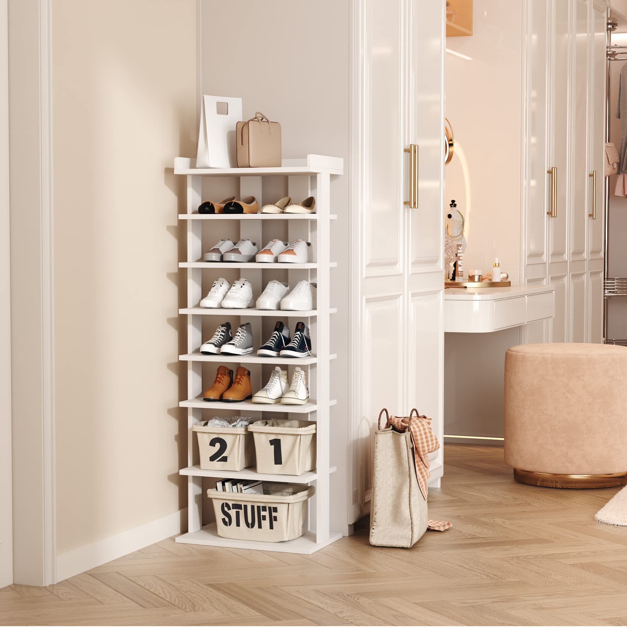 HOME BI 7-Tier Wood Shoe Rack – Narrow Vertical Storage Shelf for Entryway