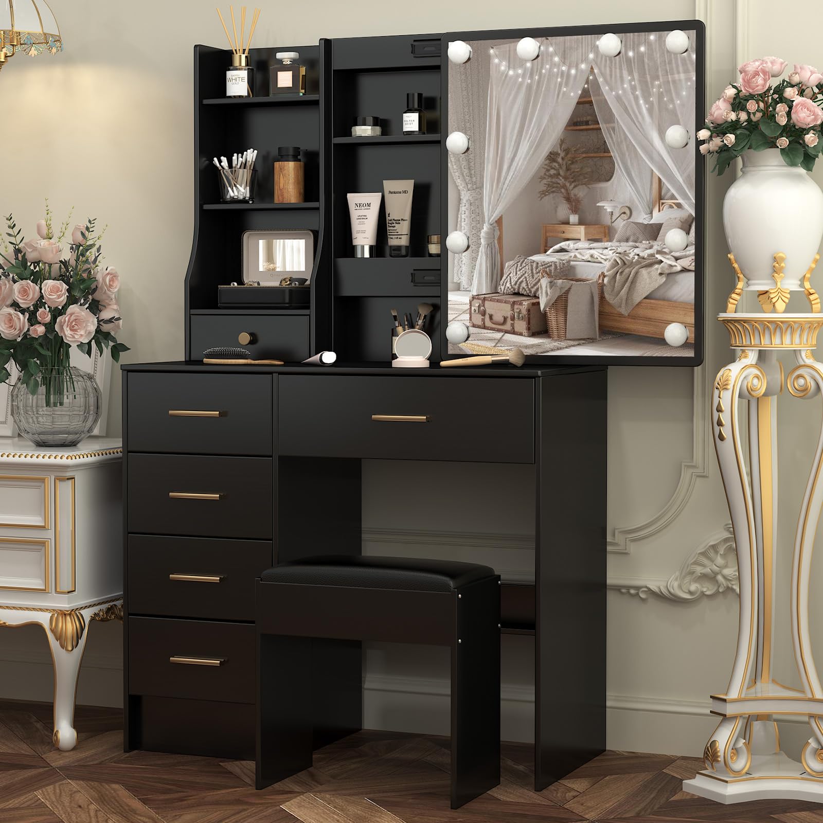Saimeihome Makeup Vanity with Lighted Mirror and Stool - Black 6-Drawer Desk