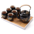 Dujust Japanese Tea Set - Black Porcelain Teapot with 6 Cups and Tray