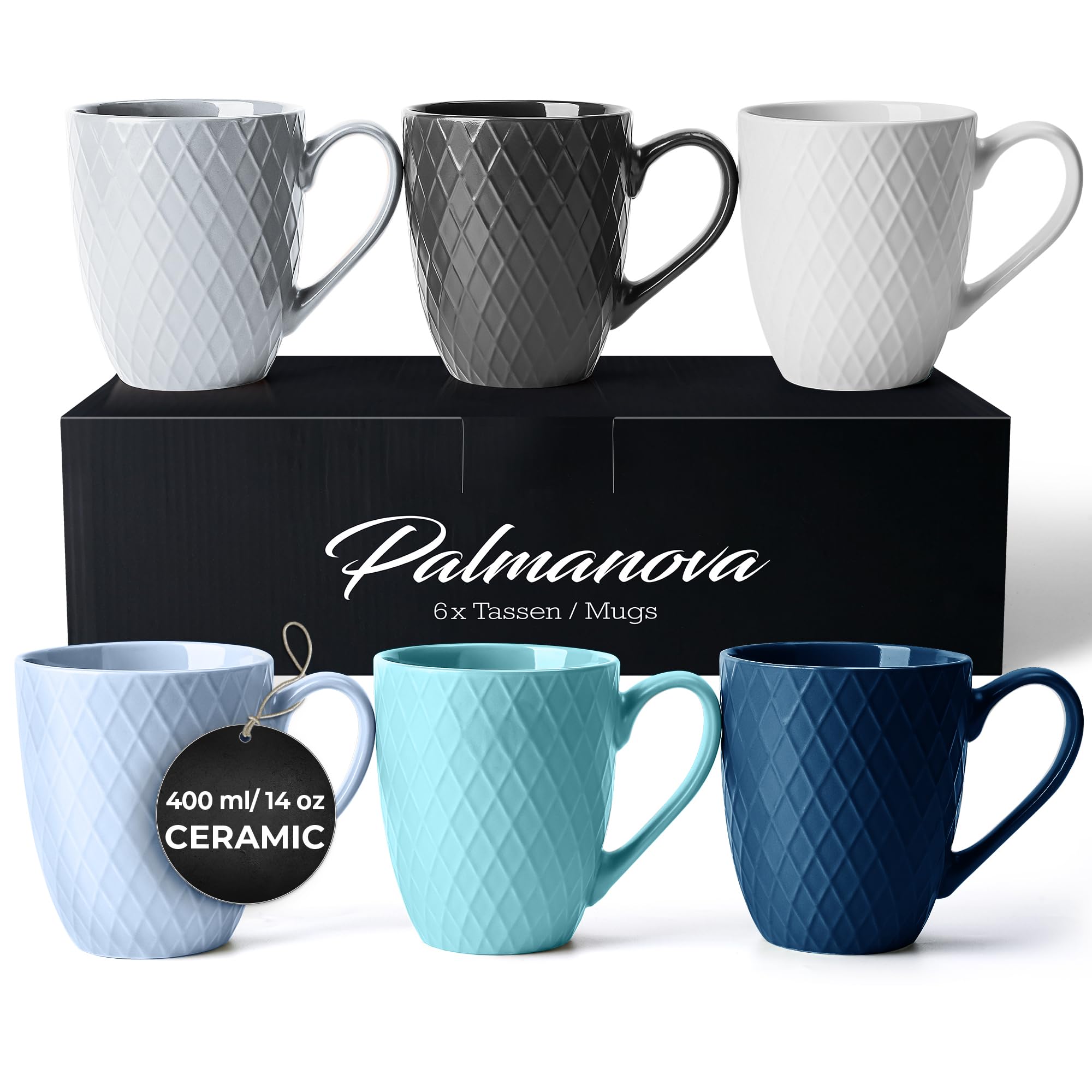 MIAMIO 6-Piece Coffee Mug Set – 400ml Matte Ceramic Stoneware, Blue