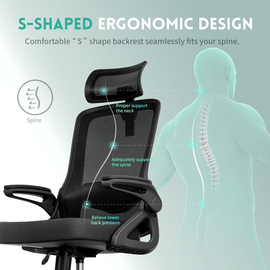 Ergonomic Office Chair, S-Shaped Mesh Desk Chairs, Adjustable Headrest & Lumbar Support, 90°Flip-Up Armrest - image 2
