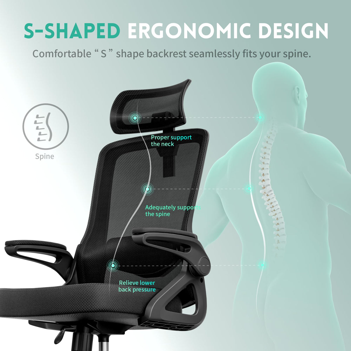 Ergonomic Office Chair, S-Shaped Mesh Desk Chairs, Adjustable Headrest & Lumbar Support, 90°Flip-Up Armrest - image 2