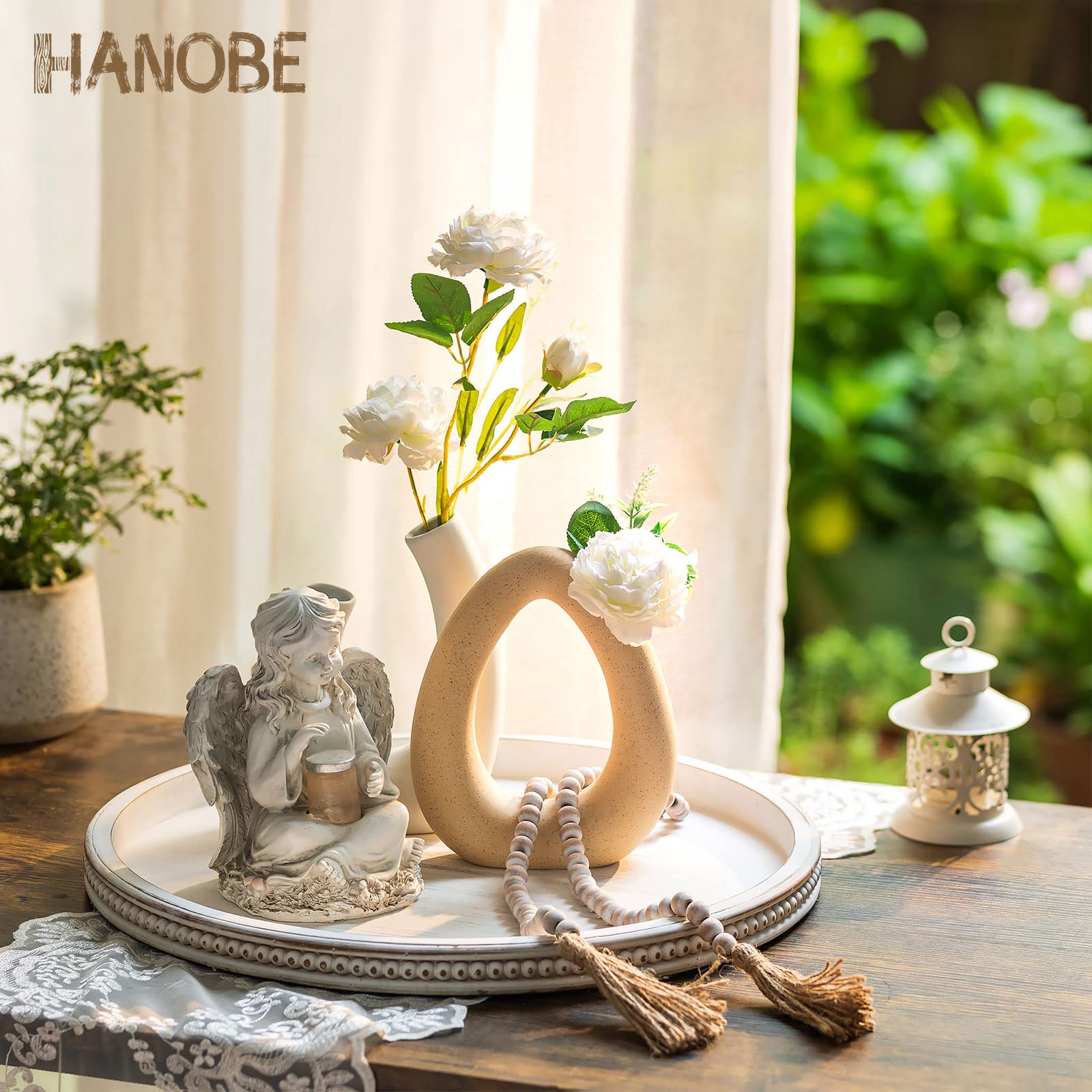 Hanobe 18" Round White Wood Decorative Tray | Beaded Farmhouse Centerpiece